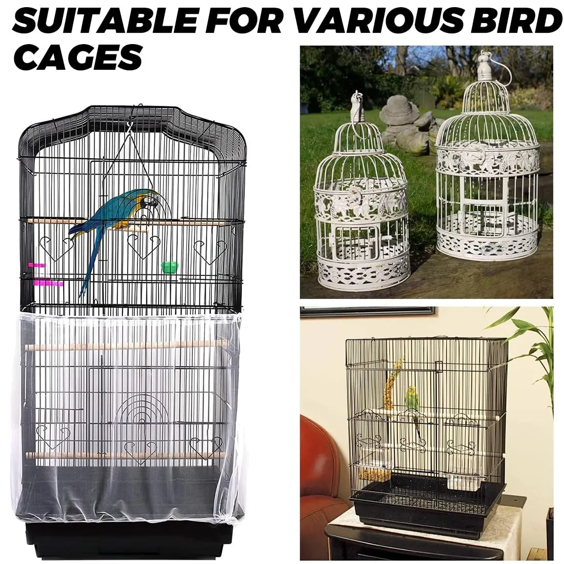 JEYORZY 1 pcs Copertura per Gabbia, coperture universali per gabbie per uccelli, Copertura per Gabbia di Uccelli in Rete di Nylon, Bird Cage Seed Catcher per Uccelli Pappagalli Ventilata e Antipolvere - immagine 5