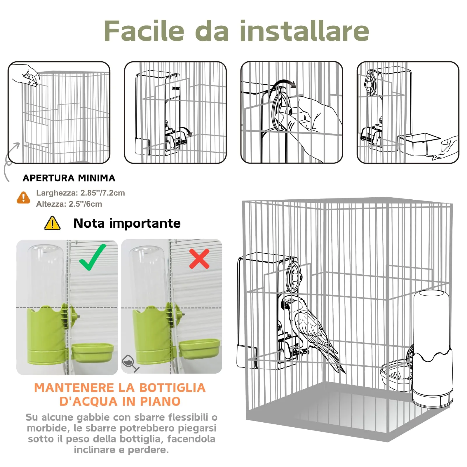 Mangiatoia automatica e distributore d'acqua per uccelli, mangiatoia per gabbia per uccelli con trespolo per parrocchetto canarino calopsitta fringuello (Verde) - immagine 3