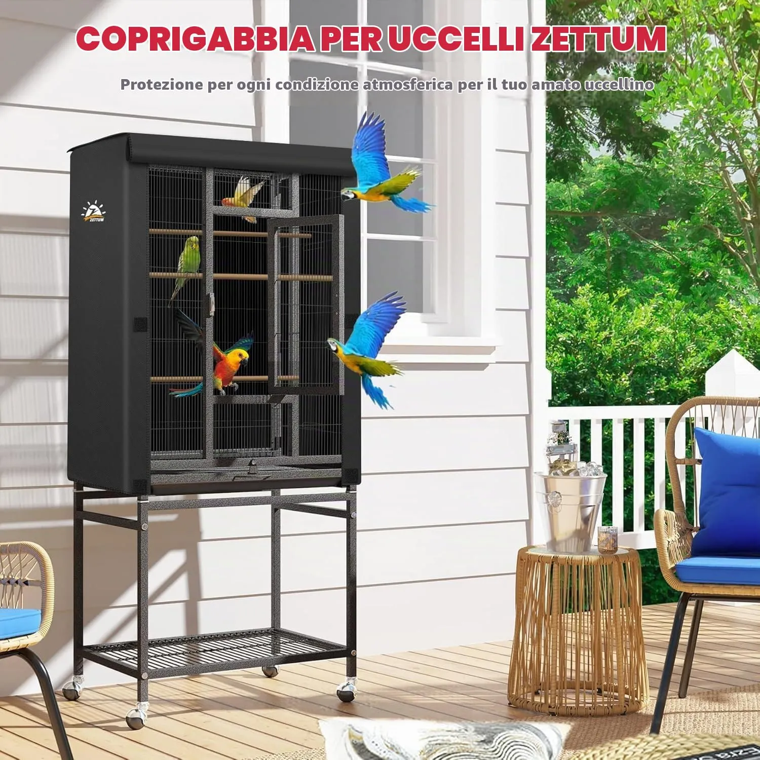 Zettum Copertura per gabbia per uccelli – Copertura in tessuto 600D per la notte, resistente e impermeabile, accessorio anti-sbiadimento per cocorite, pappagalli, cacatua e altri fringuelli – 66 x 48 - immagine 2