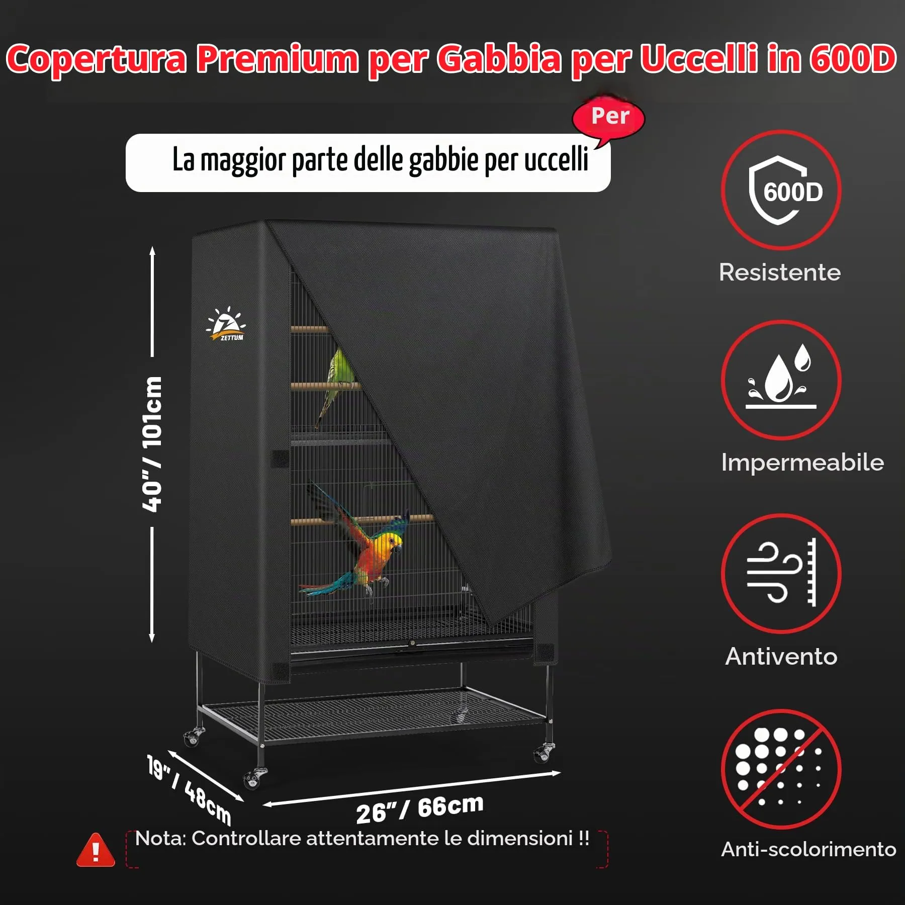 Zettum Copertura per gabbia per uccelli – Copertura in tessuto 600D per la notte, resistente e impermeabile, accessorio anti-sbiadimento per cocorite, pappagalli, cacatua e altri fringuelli – 66 x 48 - immagine 3