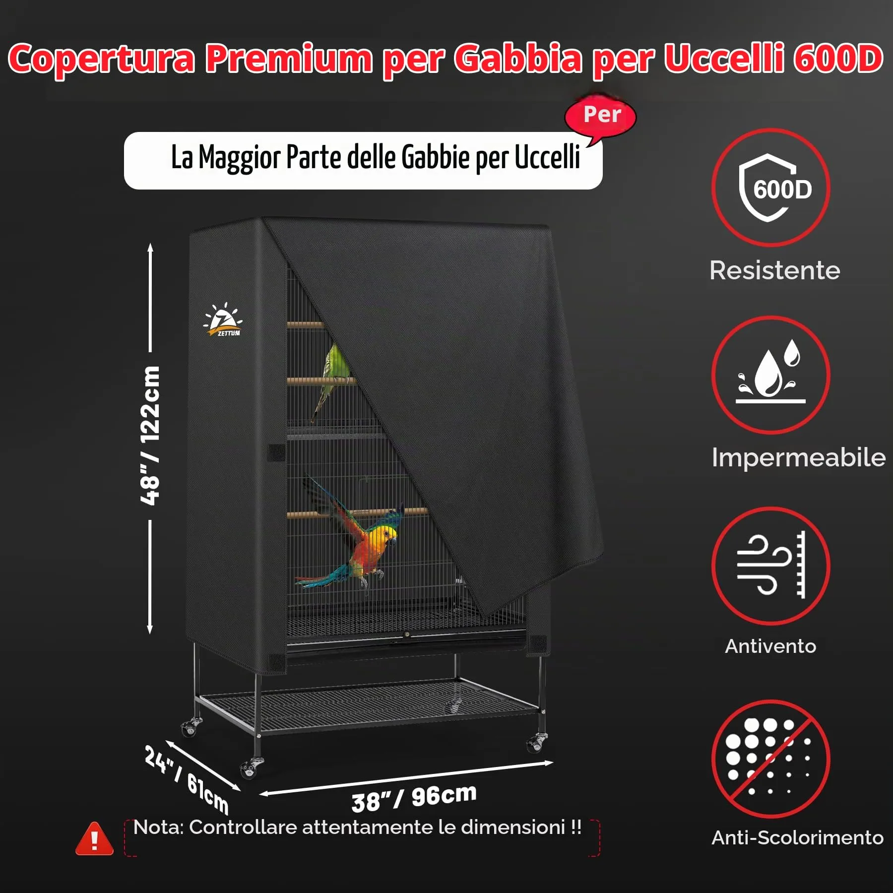 Zettum Copertura per gabbia per uccelli - 600D, per gabbie per uccelli, uso notturno, resistente e impermeabile, resistente allo sbiadimento, accessorio per gabbia per uccelli per parrocchetti - immagine 3