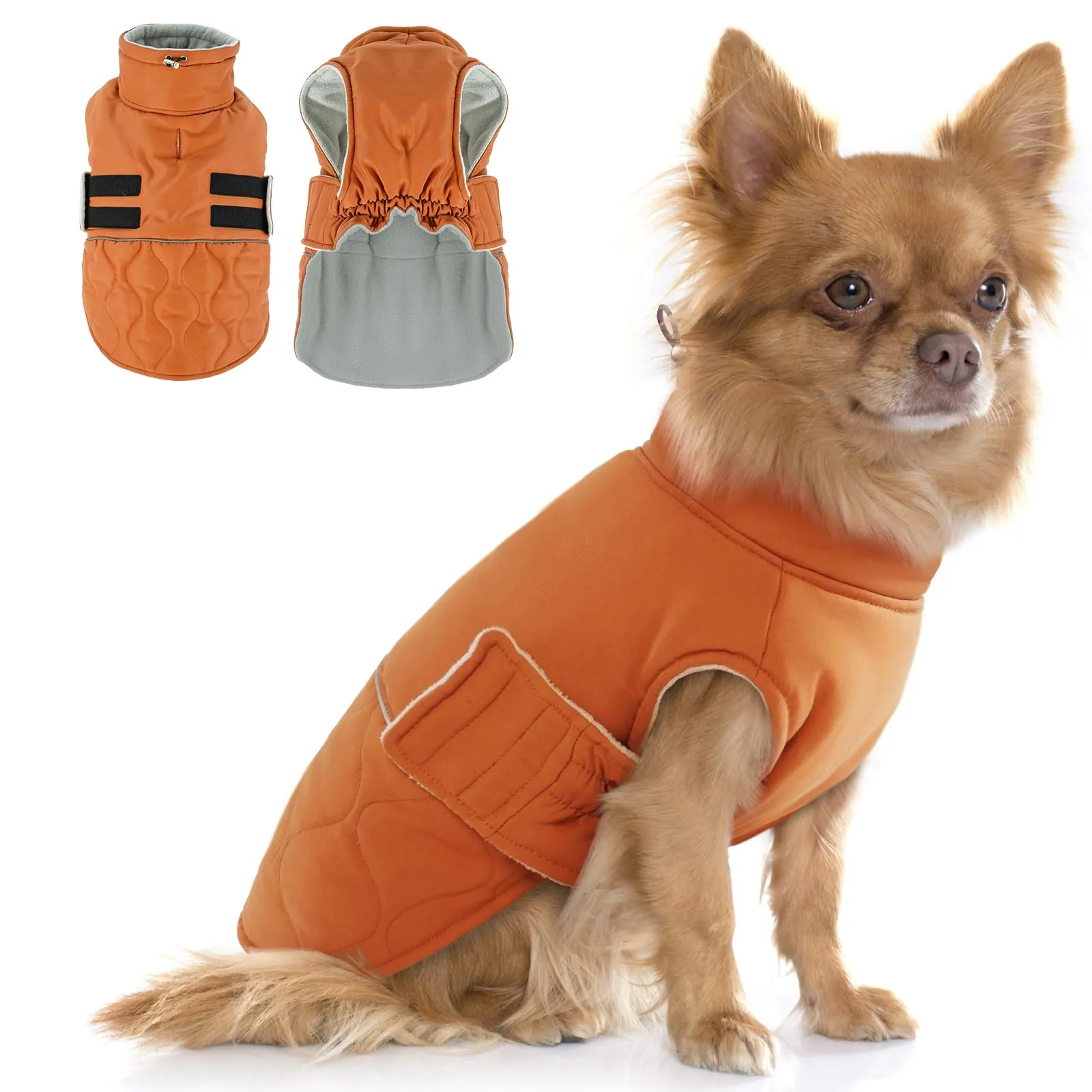 Hjumarayan Cappotto invernale per cani, giacca foderata con apertura per pettorina, cappotto invernale caldo per cani di piccola taglia, abbigliamento per chihuahua, punta nana (arancione, XS) - immagine 1