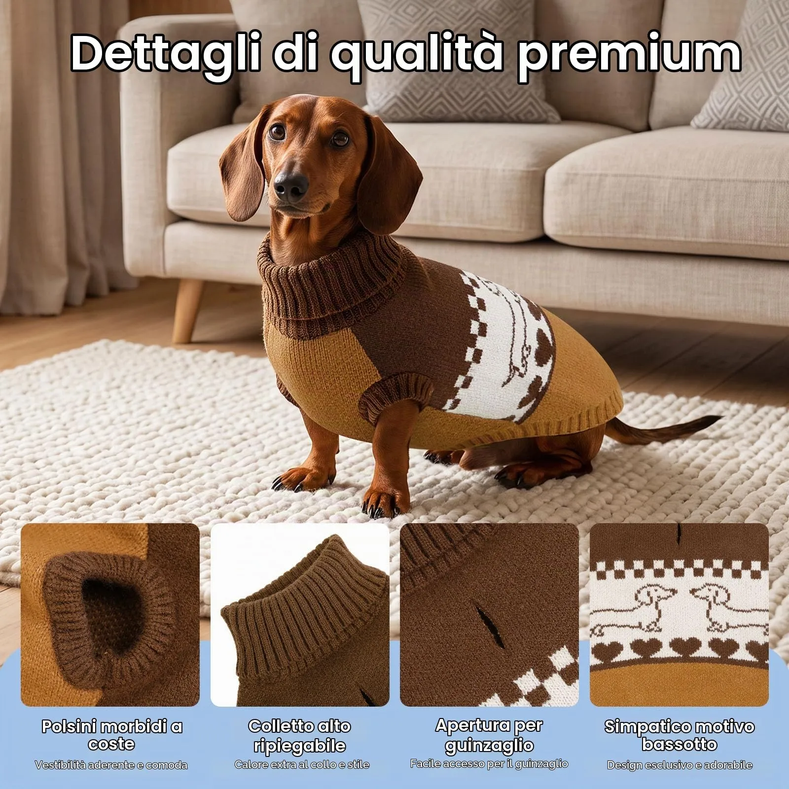 CITÉTOILE Maglione per Cani a Maglia Motivo Bassotto Marrone XS - immagine 2