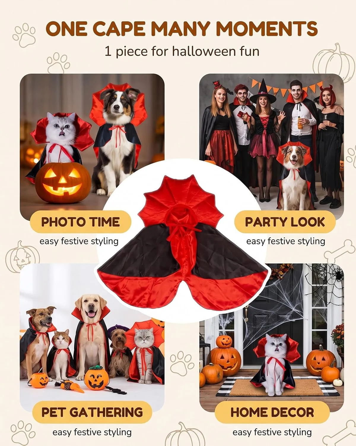 JIRVEX Mantello Costume Vampiro per Cane e Gatto, 1 Pz con Chiusura Velcro Sicura e Design Leggero, Outfit Cosplay Confortevole per Foto e Feste di Halloween - immagine 6