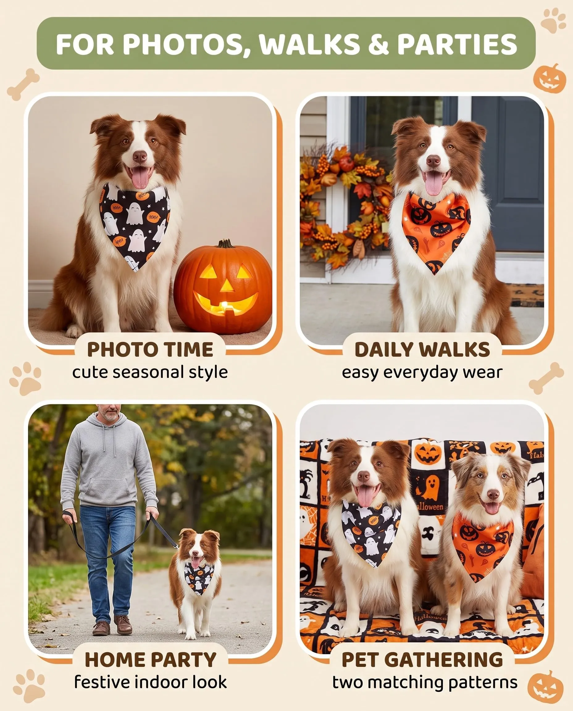 JIRVEX Bandana Halloween Cane 2 Pz, 60x40x40 Cm, Tessuto Morbido e Fissaggio Antiscivolo Sicuro Sotto il Collare per Passeggiate Libere e Foto Festive - immagine 2