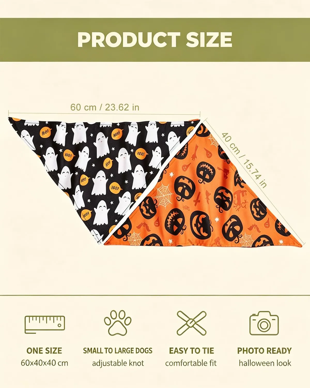 JIRVEX Bandana Halloween Cane 2 Pz, 60x40x40 Cm, Tessuto Morbido e Fissaggio Antiscivolo Sicuro Sotto il Collare per Passeggiate Libere e Foto Festive - immagine 3