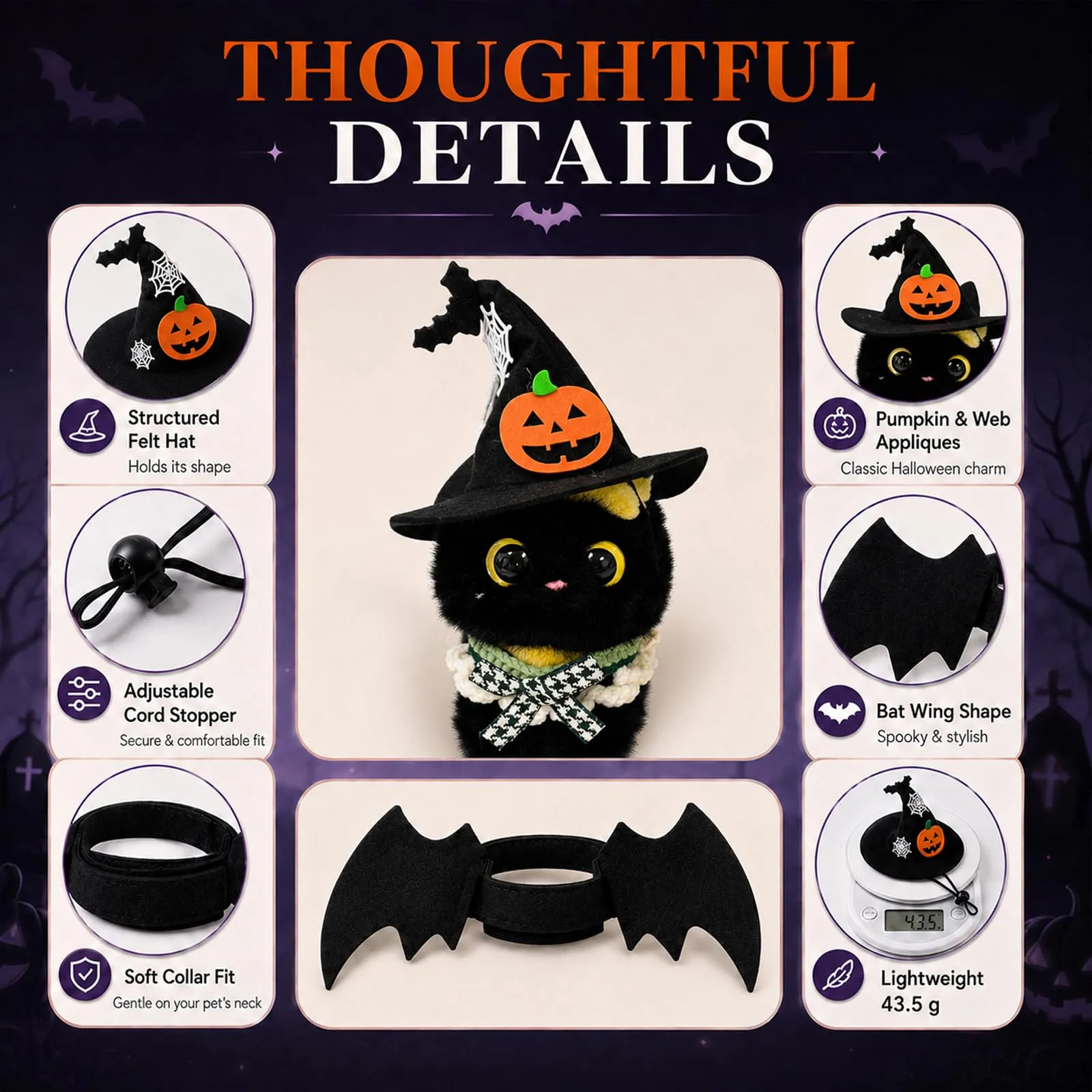 LEFZUR Set Di Costume Halloween Per Animali, Con Cappello Da Strega E Ali Di Pipistrello, Ideale Per Carnevale E Sfilate - immagine 3