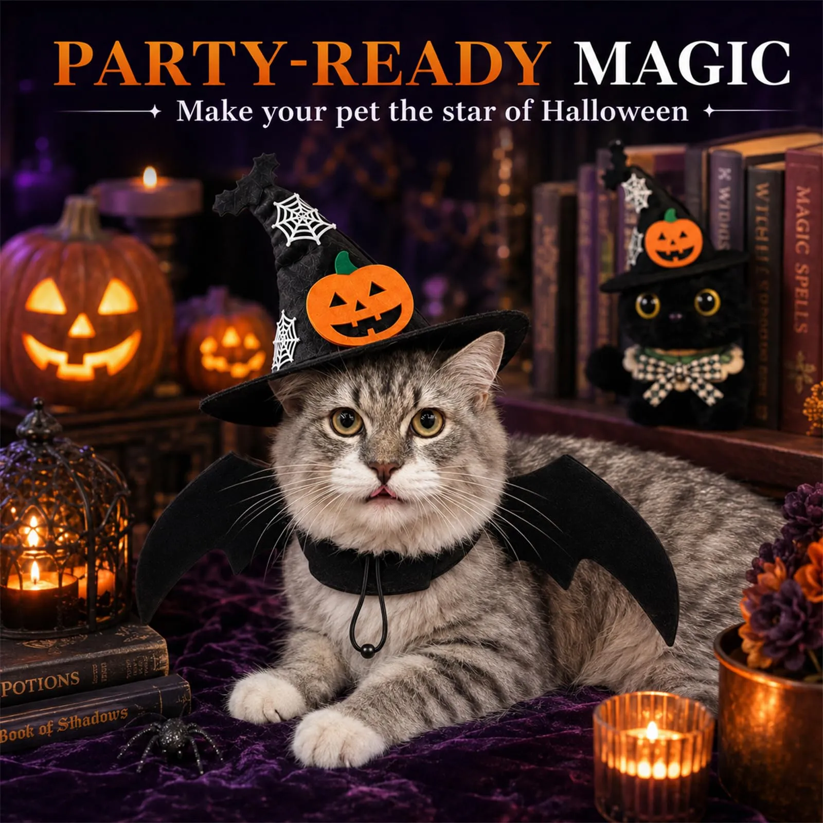LEFZUR Set Di Costume Halloween Per Animali, Con Cappello Da Strega E Ali Di Pipistrello, Ideale Per Carnevale E Sfilate - immagine 5
