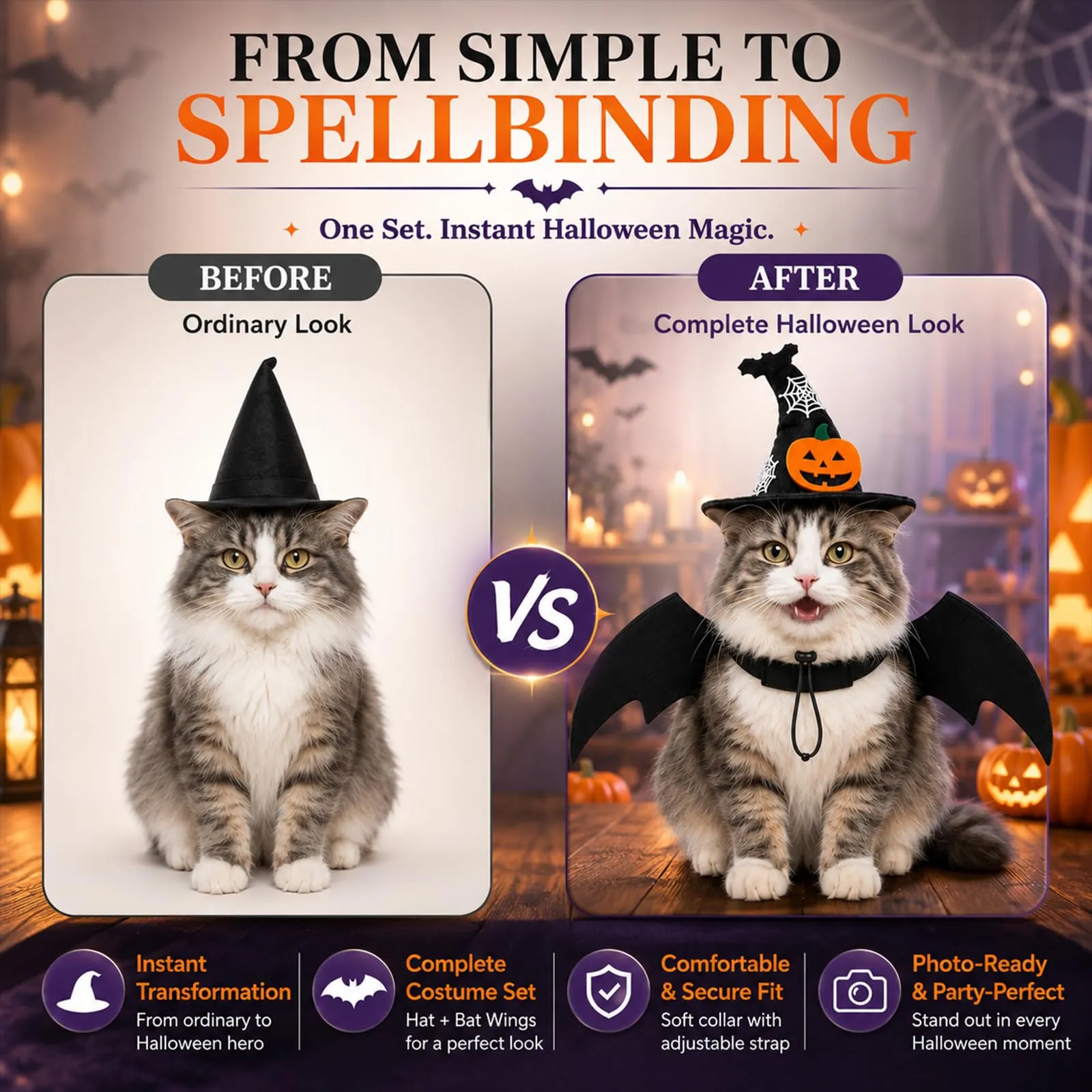LEFZUR Set Di Costume Halloween Per Animali, Con Cappello Da Strega E Ali Di Pipistrello, Ideale Per Carnevale E Sfilate - immagine 6