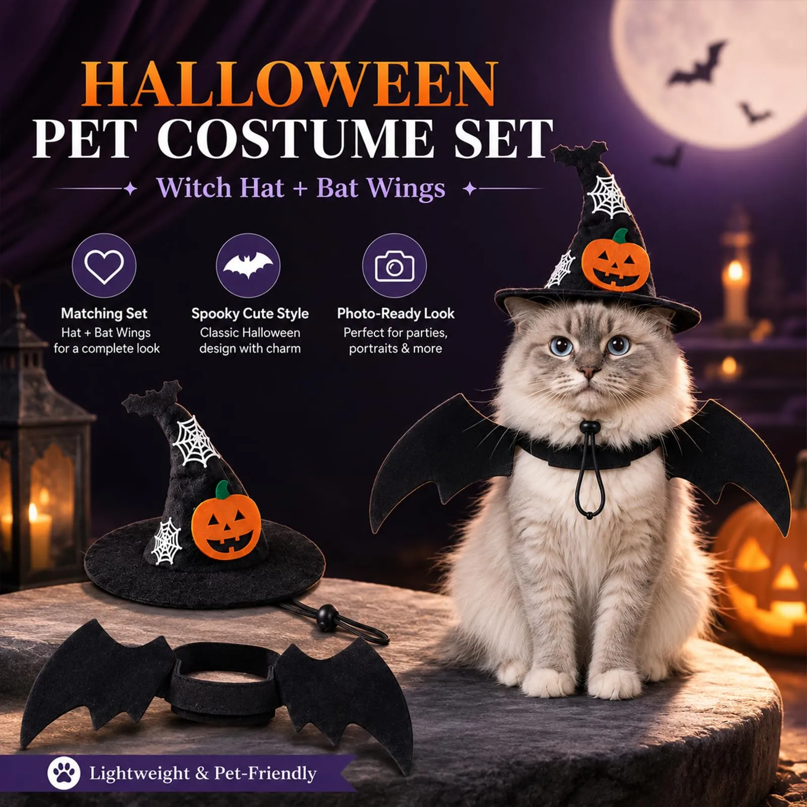 LEFZUR Set Di Costume Halloween Per Animali, Con Cappello Da Strega E Ali Di Pipistrello, Ideale Per Carnevale E Sfilate - immagine 7