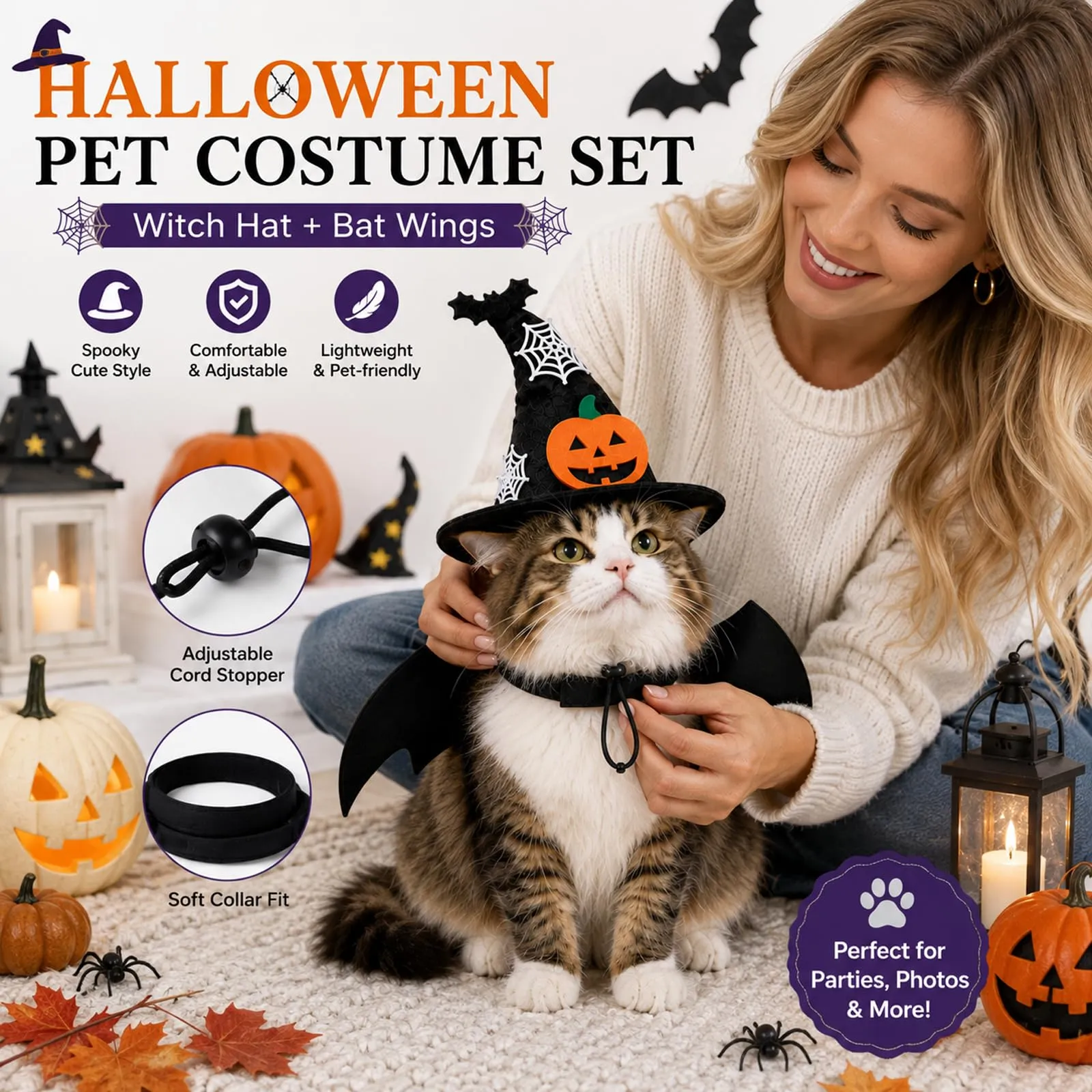 LEFZUR Set Di Costume Halloween Per Animali, Con Cappello Da Strega E Ali Di Pipistrello, Ideale Per Carnevale E Sfilate - immagine 8