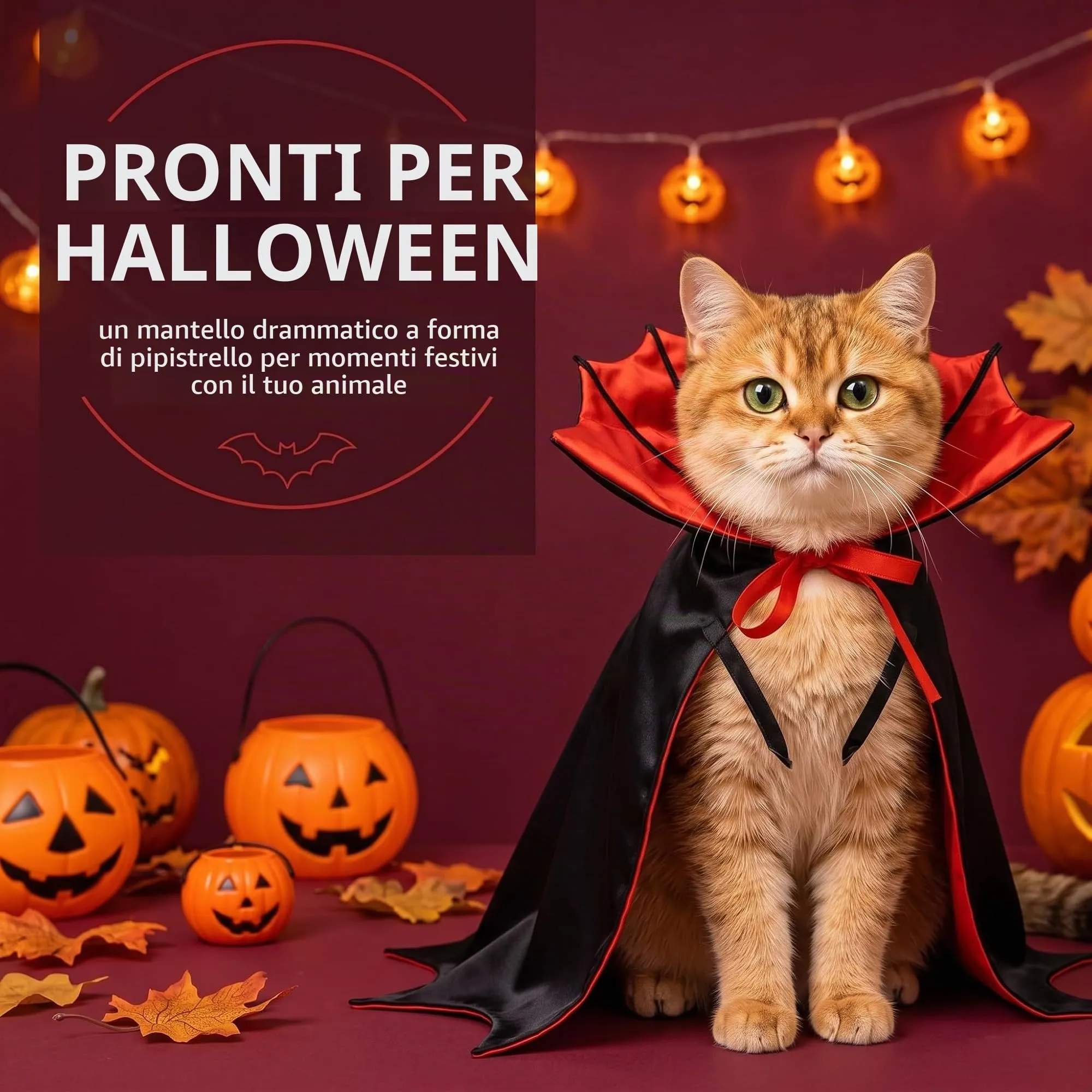 LYEGJT Costume Halloween Gatto, Mantello Rosso Da Pipistrello,Taglia M,Per Feste Con Animali Domestici - immagine 5
