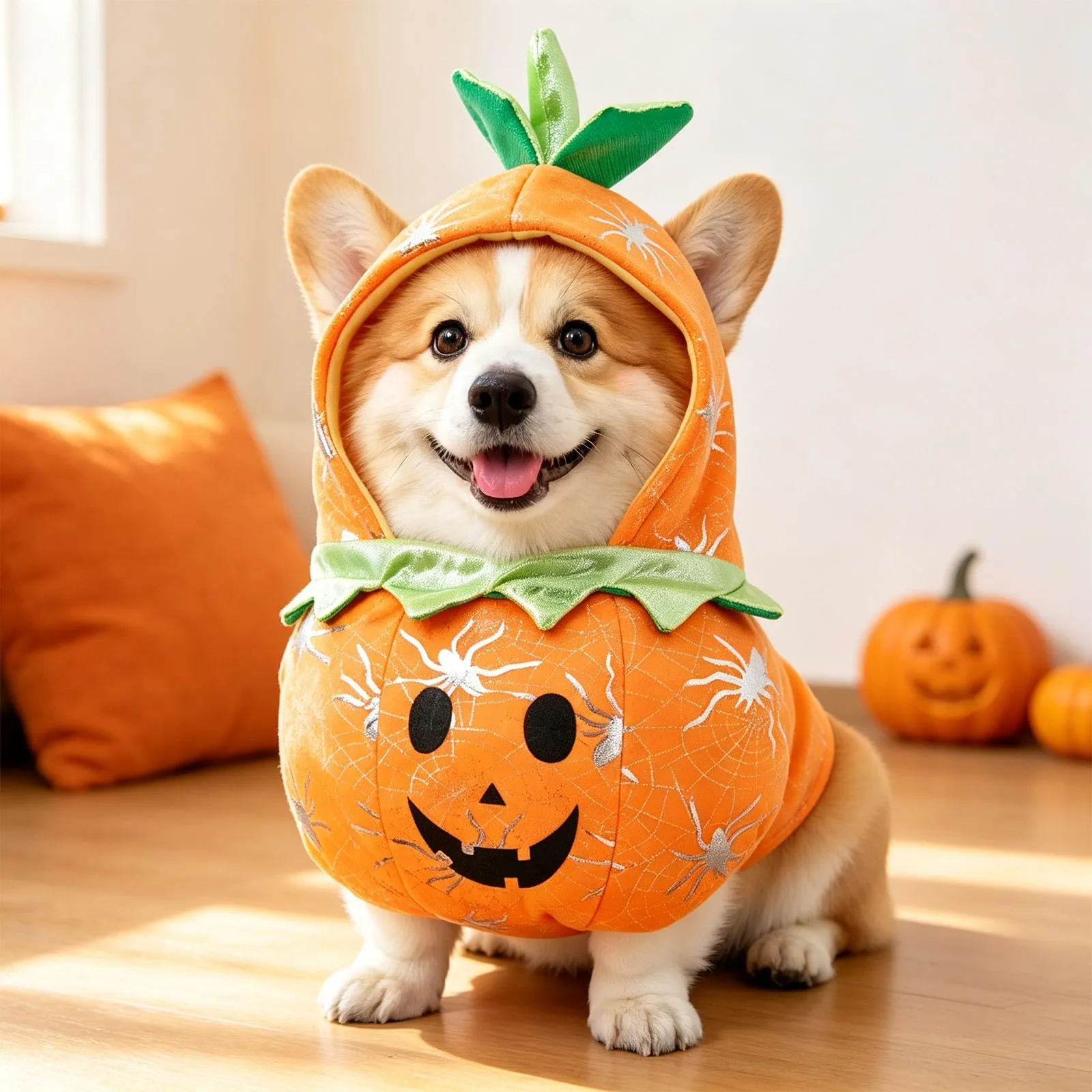 Costume da zucca per cani con cappuccio e foglia, in nylon - immagine 3