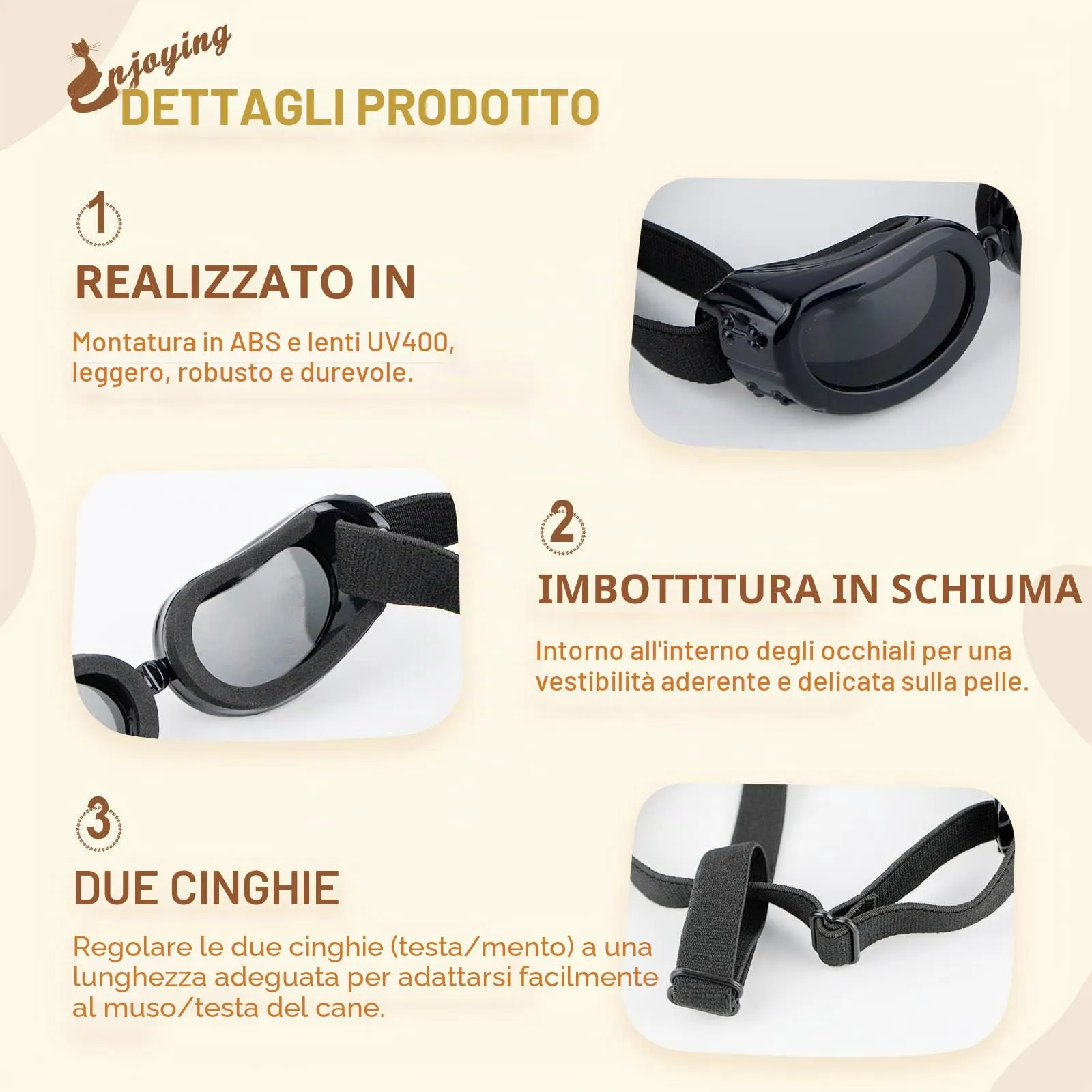 Enjoying Occhiali da Sole per Cucciolo Moto, Occhiali per Cani Taglia Piccola, Gatti Adulti Occhiali Cane, Protezione UV, Regolabile, Nero - immagine 4