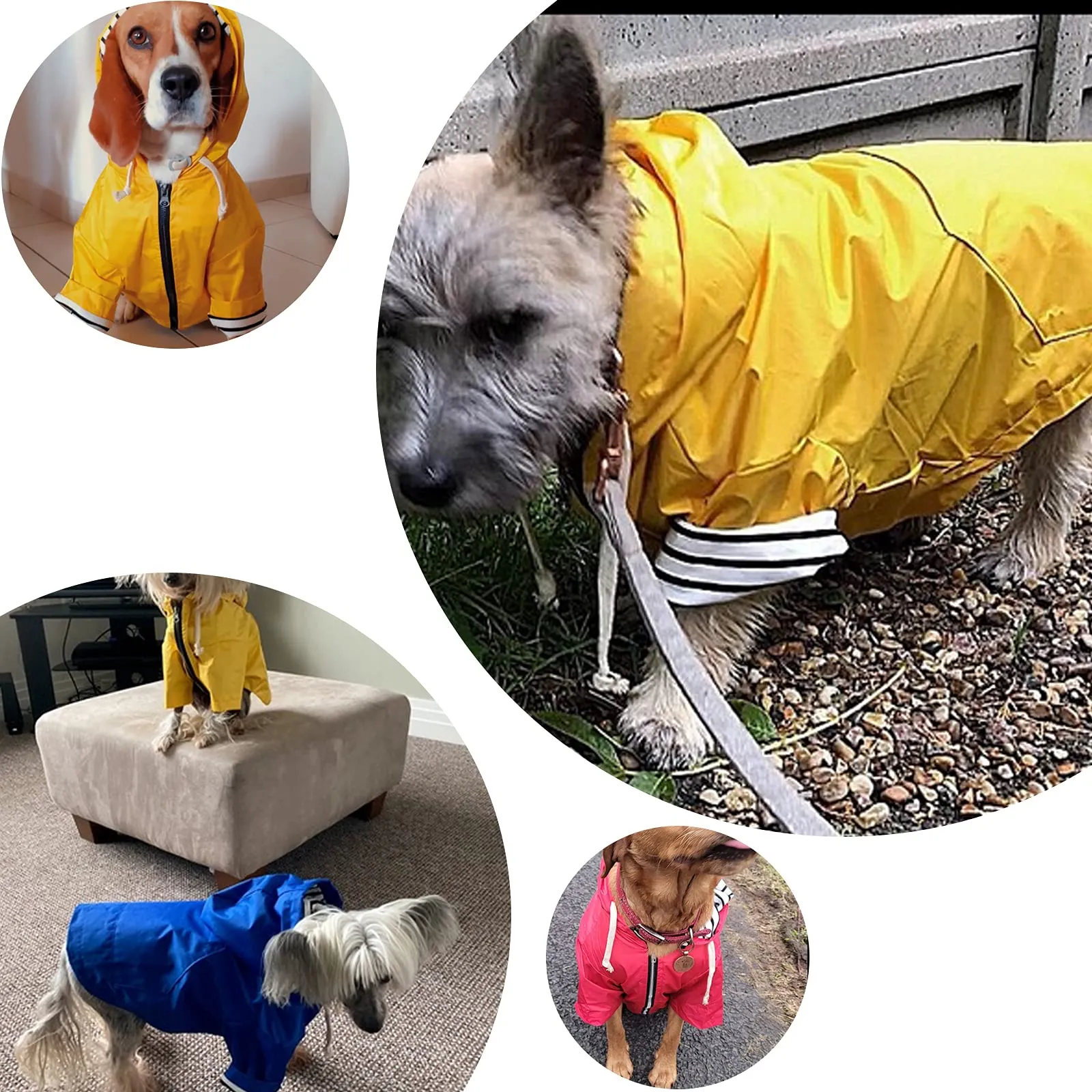 Pethiy - Stile elegante Impermeabile per Cani con cerniera e cappuccio,tasche,leggero poncho con Coulisse e con zampe-Giallo-XL - immagine 6