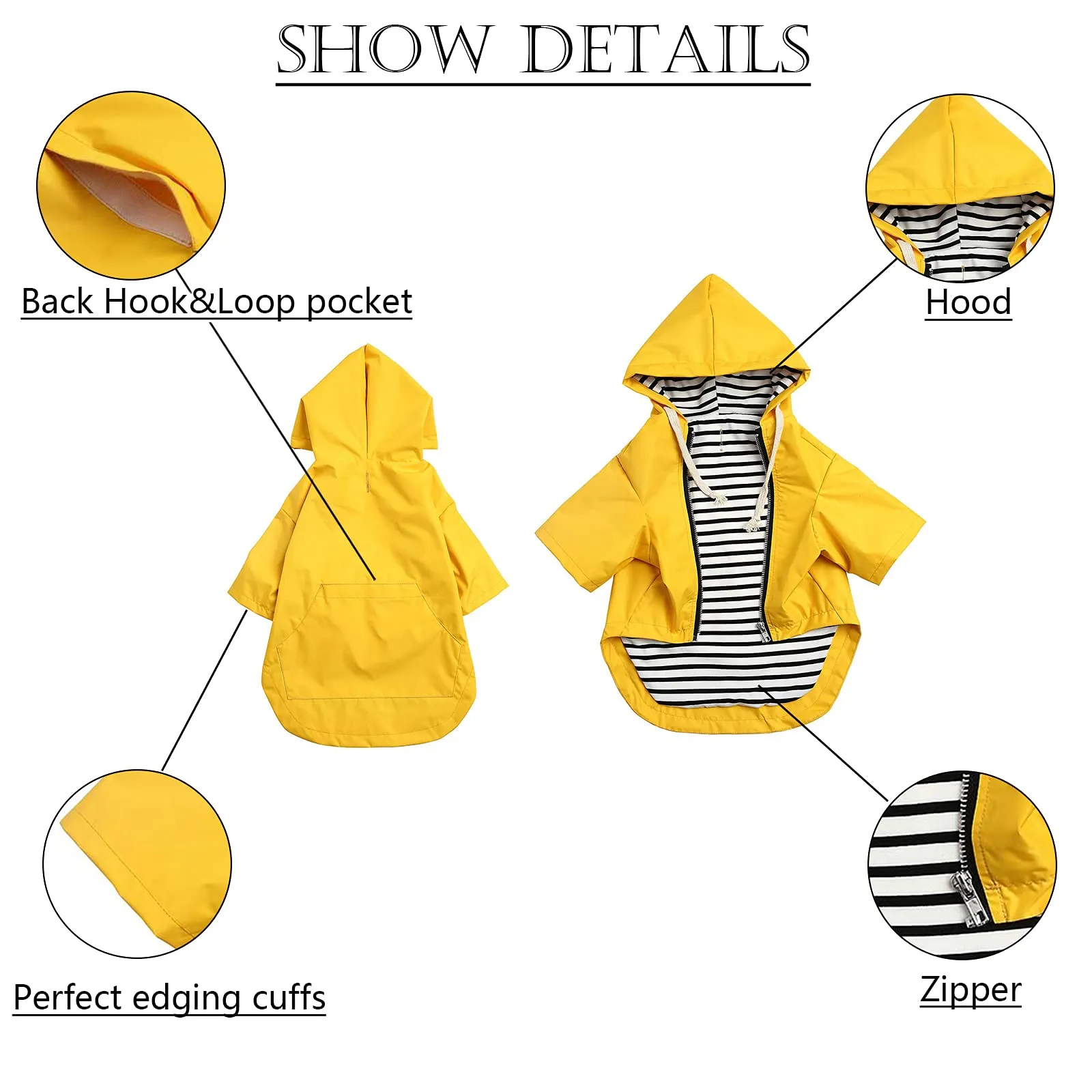 Pethiy - Stile elegante Impermeabile per Cani con cerniera e cappuccio,tasche,leggero poncho con Coulisse e con zampe-Giallo-L - immagine 4