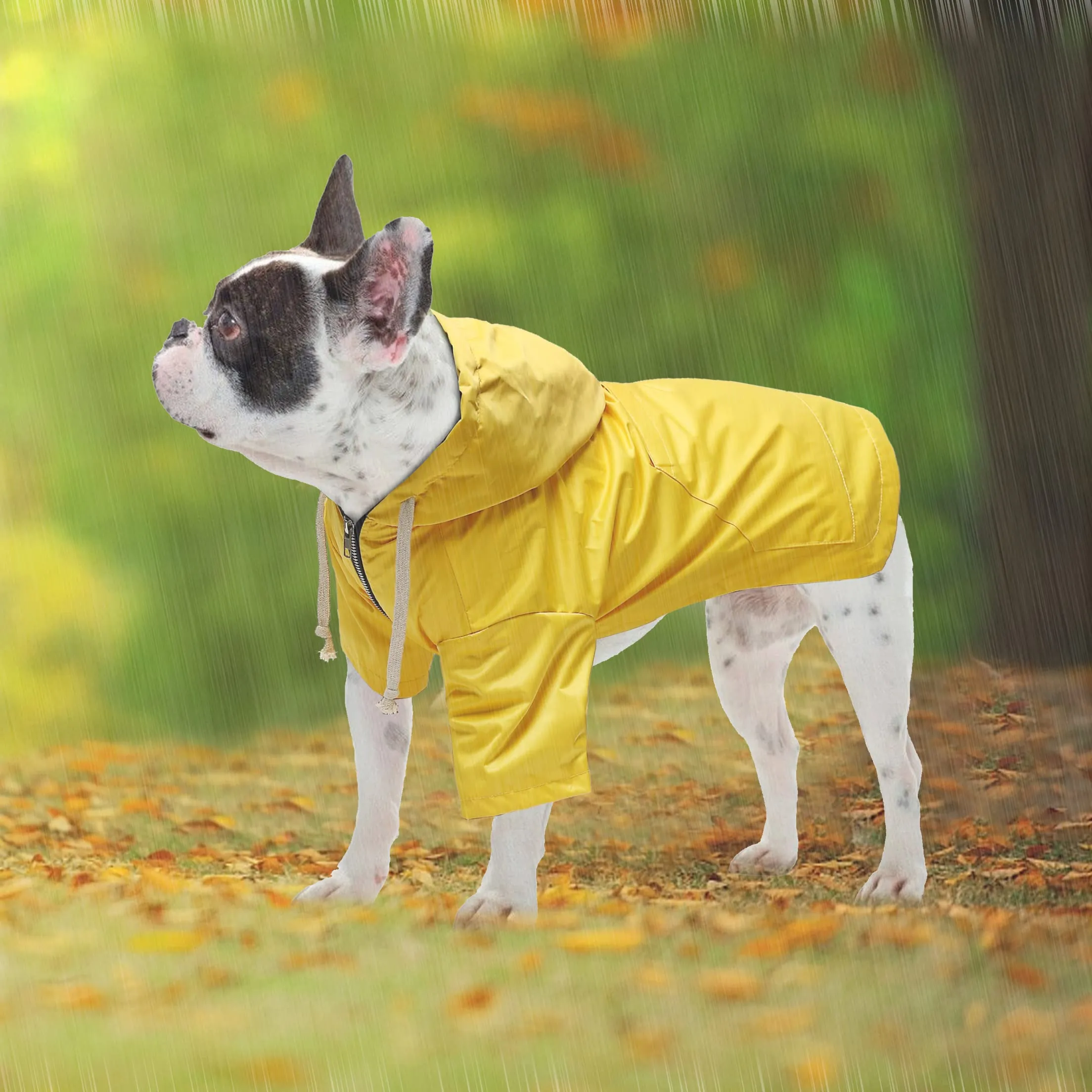 Pethiy - Stile elegante Impermeabile per Cani con cerniera e cappuccio,tasche,leggero poncho con Coulisse e con zampe-Giallo-S - immagine 5
