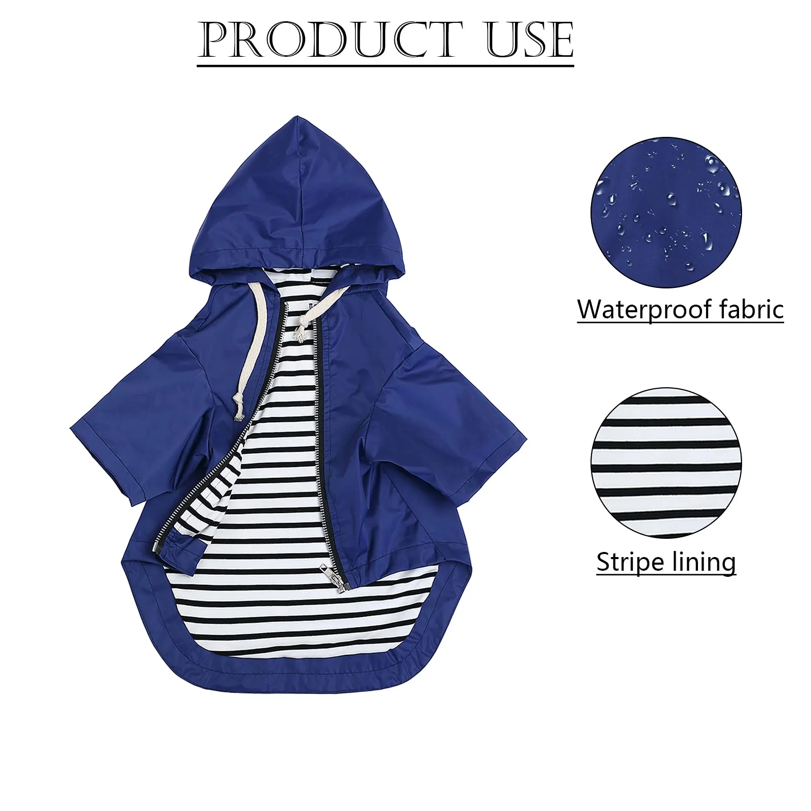 Pethiy - Stile elegante Impermeabile per Cani con cerniera e cappuccio,tasche,leggero poncho con Coulisse e con zampe-Blu-S - immagine 3