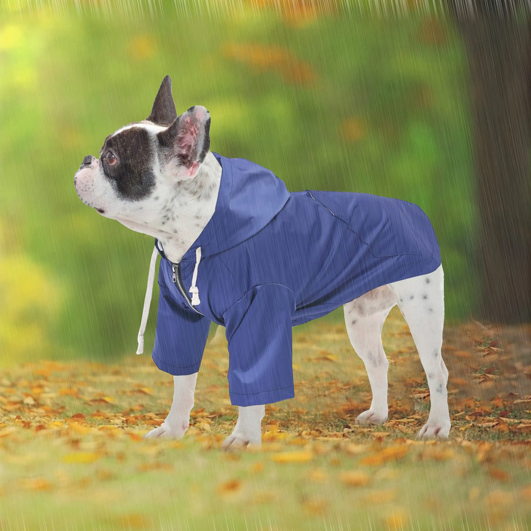 Pethiy - Stile elegante Impermeabile per Cani con cerniera e cappuccio,tasche,leggero poncho con Coulisse e con zampe-Blu-S - immagine 5