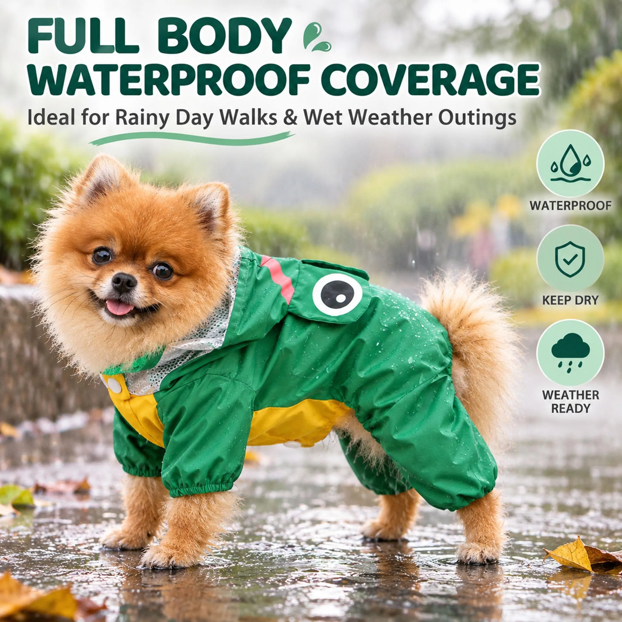 SMALLLEE_LUCKY_STORE - Giacca impermeabile per cani di piccola taglia con guinzaglio con cappuccio e anello a D per cuccioli, giacca da pioggia a 4 gambe, leggera impermeabile, taglia L, verde - immagine 2