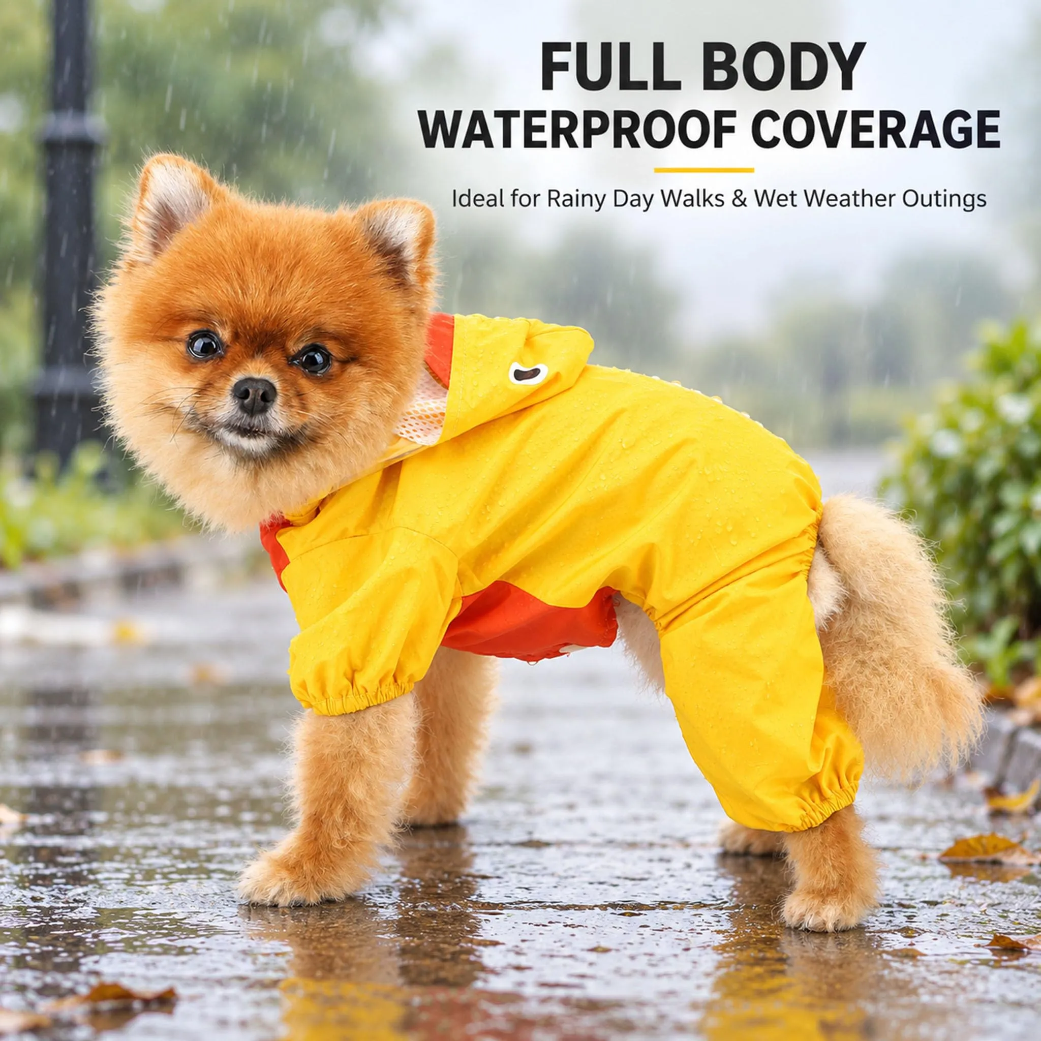SMALLLEE_LUCKY_STORE - Giacca impermeabile per cani di piccola taglia con guinzaglio con cappuccio e anello a D per cuccioli, giacca da pioggia a 4 gambe, leggera impermeabile, taglia XS, Giallo - immagine 2
