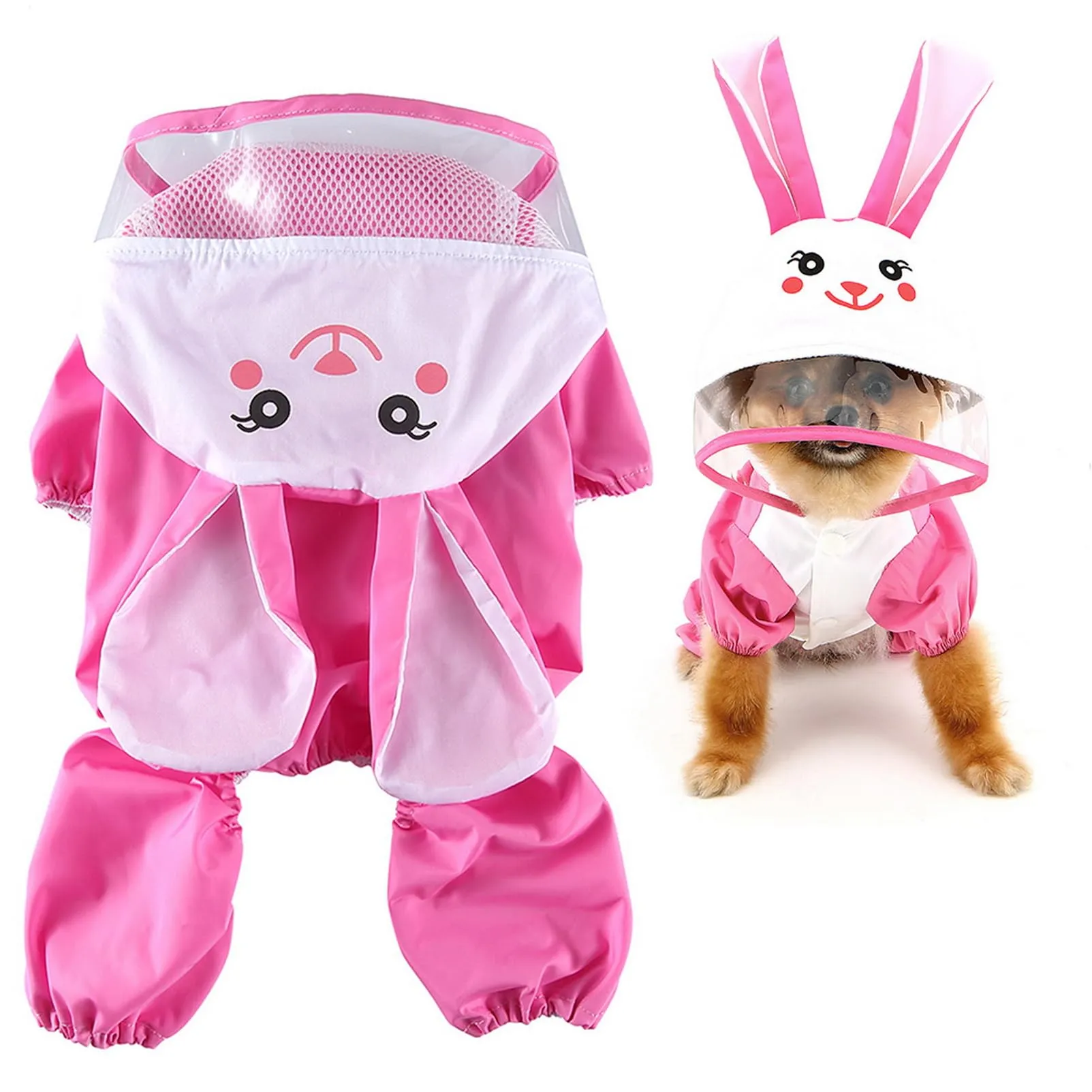 SMALLLEE_LUCKY_STORE - Giacca impermeabile per cani di piccola taglia con guinzaglio con cappuccio e anello a D per cuccioli, giacca da pioggia a 4 gambe, leggera impermeabile, taglia XS, Rosa - immagine 1