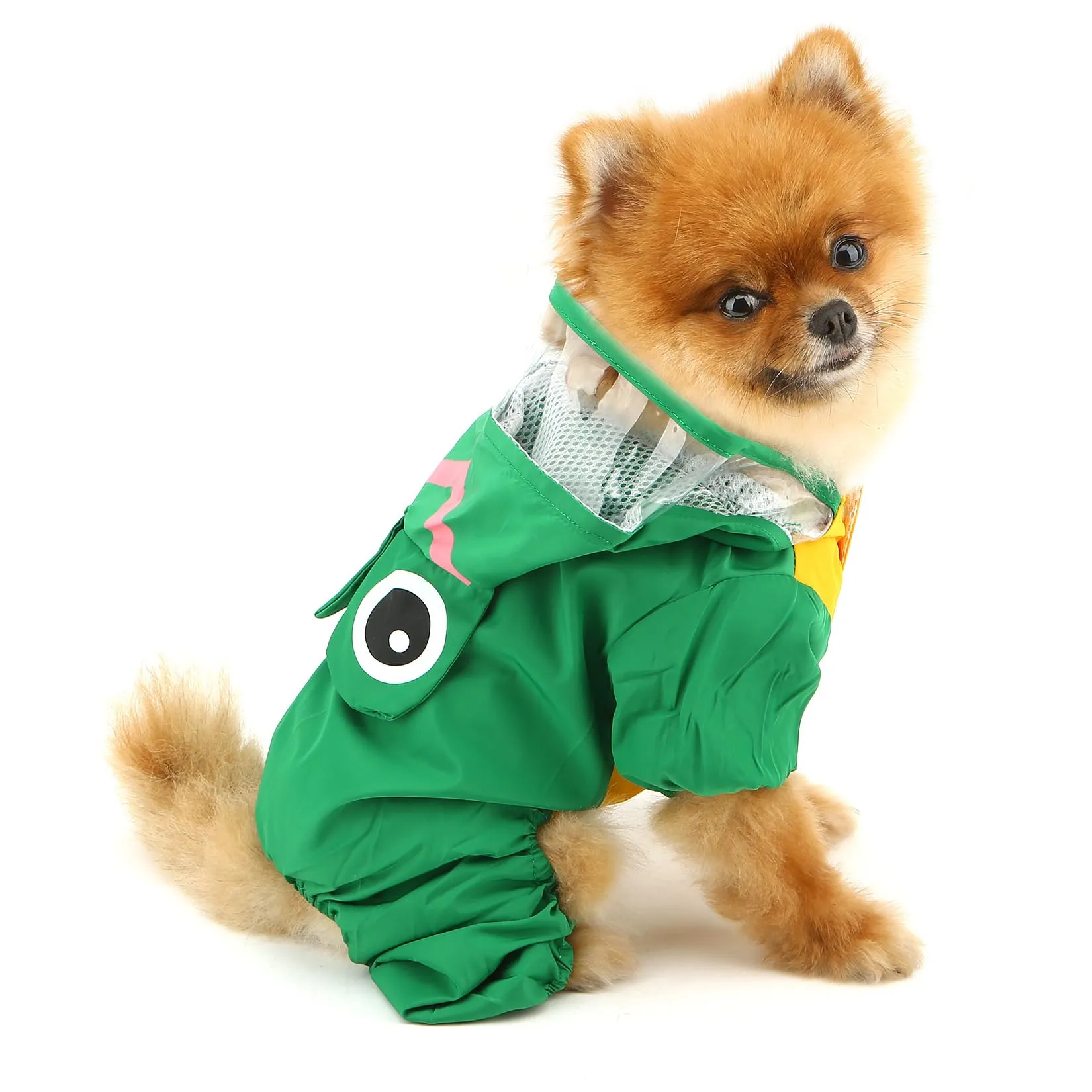 SMALLLEE_LUCKY_STORE - Giacca impermeabile per cani di piccola taglia con guinzaglio con cappuccio e anello a D per cuccioli, giacca da pioggia a 4 gambe, leggera impermeabile, taglia M, verde - immagine 3