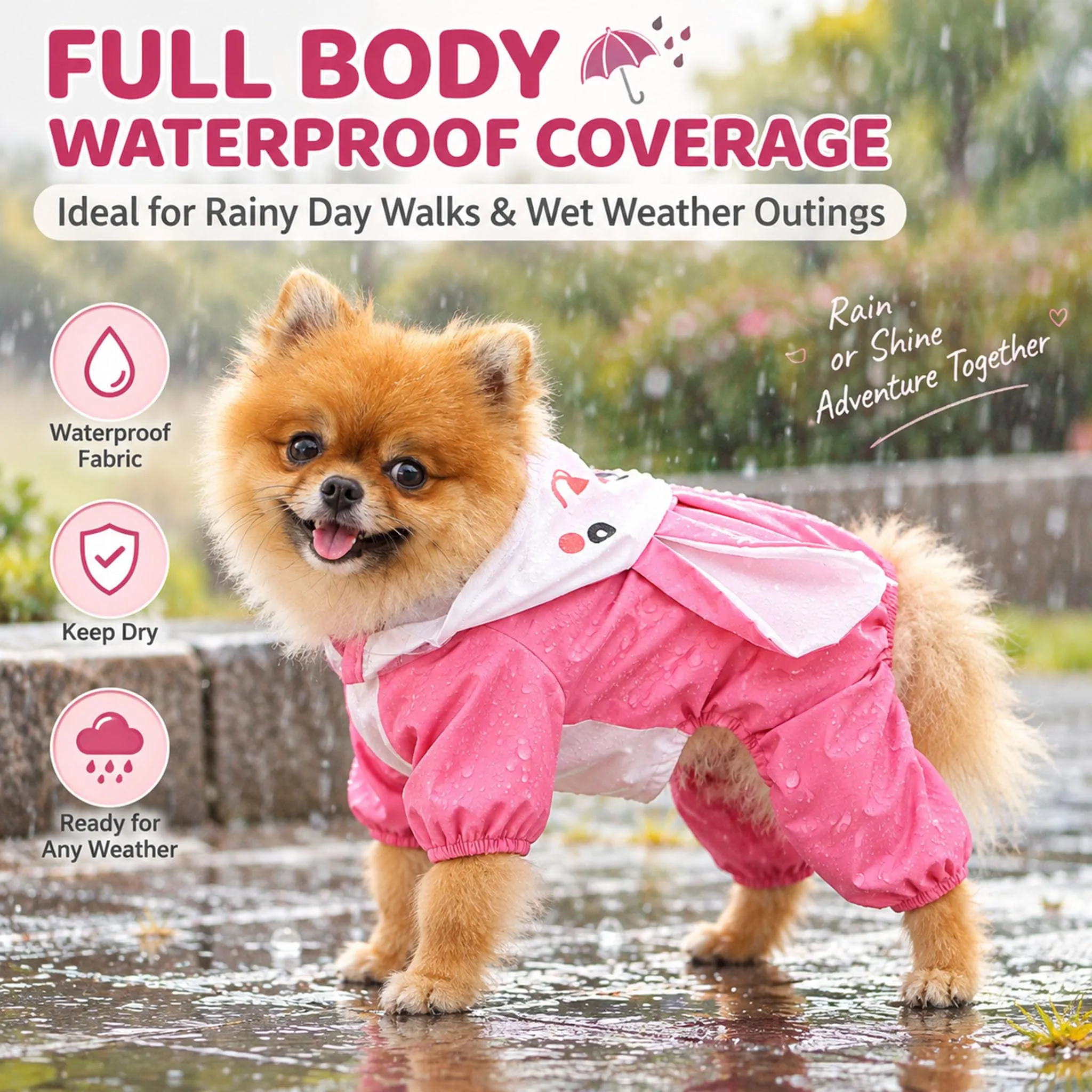 SMALLLEE_LUCKY_STORE - Giacca impermeabile per cani di piccola taglia con guinzaglio con cappuccio e anello a D per cuccioli, giacca da pioggia a 4 gambe, leggera impermeabile, taglia M, Rosa - immagine 2