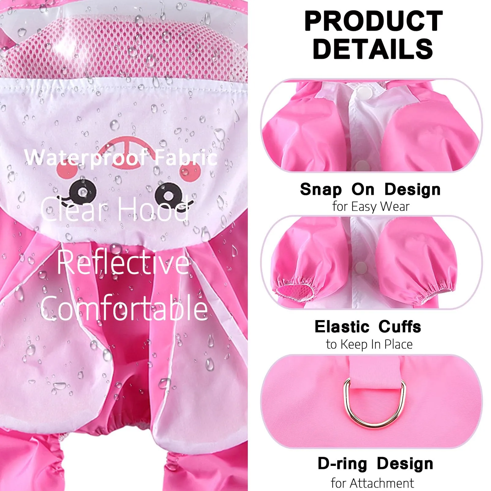 SMALLLEE_LUCKY_STORE - Giacca impermeabile per cani di piccola taglia con guinzaglio con cappuccio e anello a D per cuccioli, giacca da pioggia a 4 gambe, leggera impermeabile, taglia L, Rosa - immagine 5