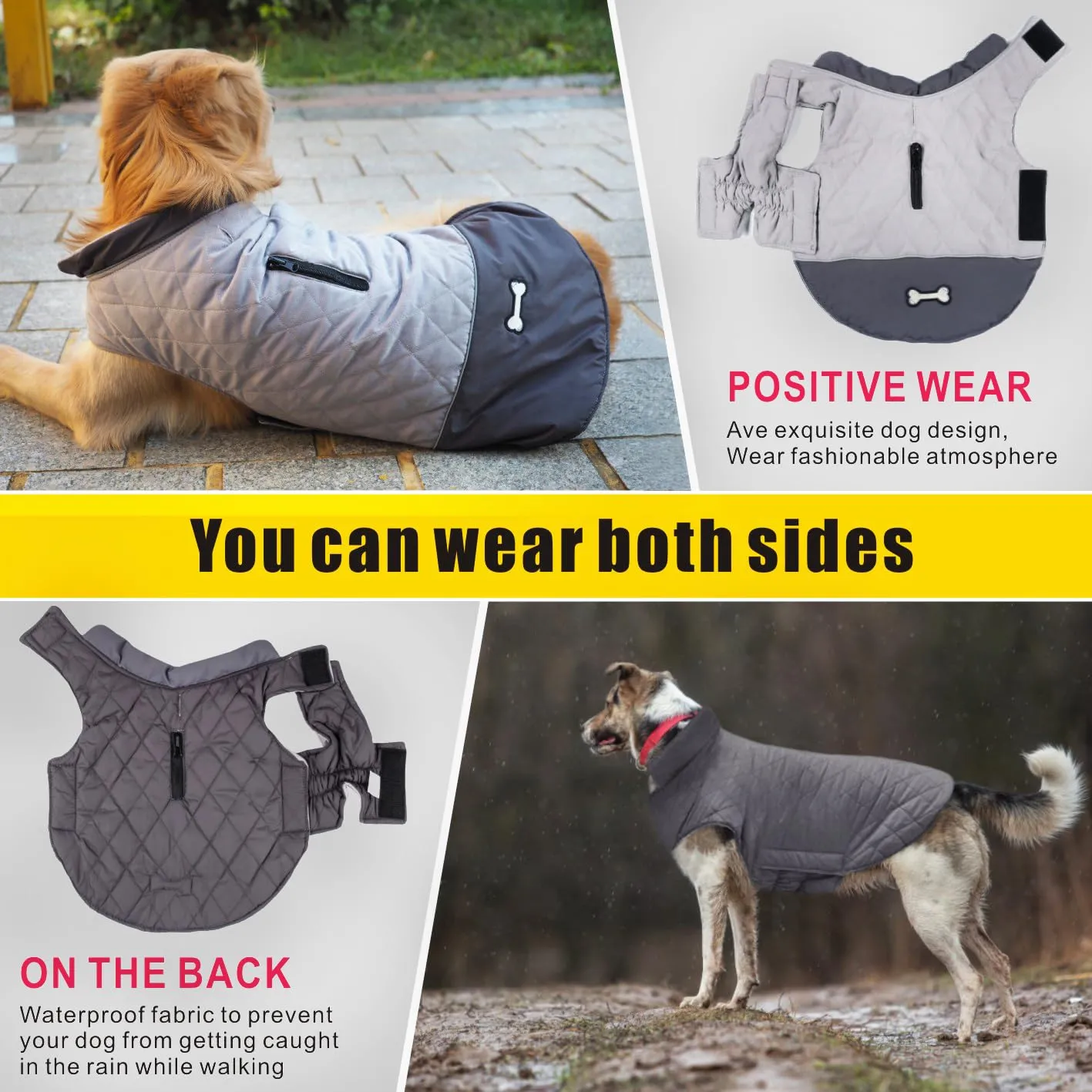 Idepet Cappotto per cani antivento Giacca invernale calda, Tuta da neve anti-neve Abbigliamento per cani per cani di taglia piccola e media con foro per imbracatura Blu Rosa Grigio - immagine 4