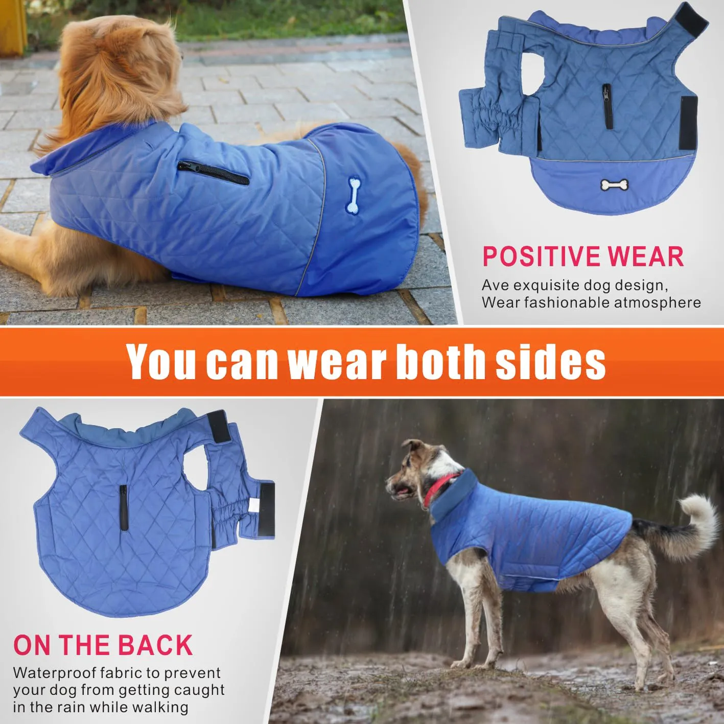 Idepet Cappotto per cani antivento Giacca invernale calda, Tuta da neve anti-neve Abbigliamento per cani per cani di taglia piccola e media con foro per imbracatura Blu Rosa Grigio - immagine 3