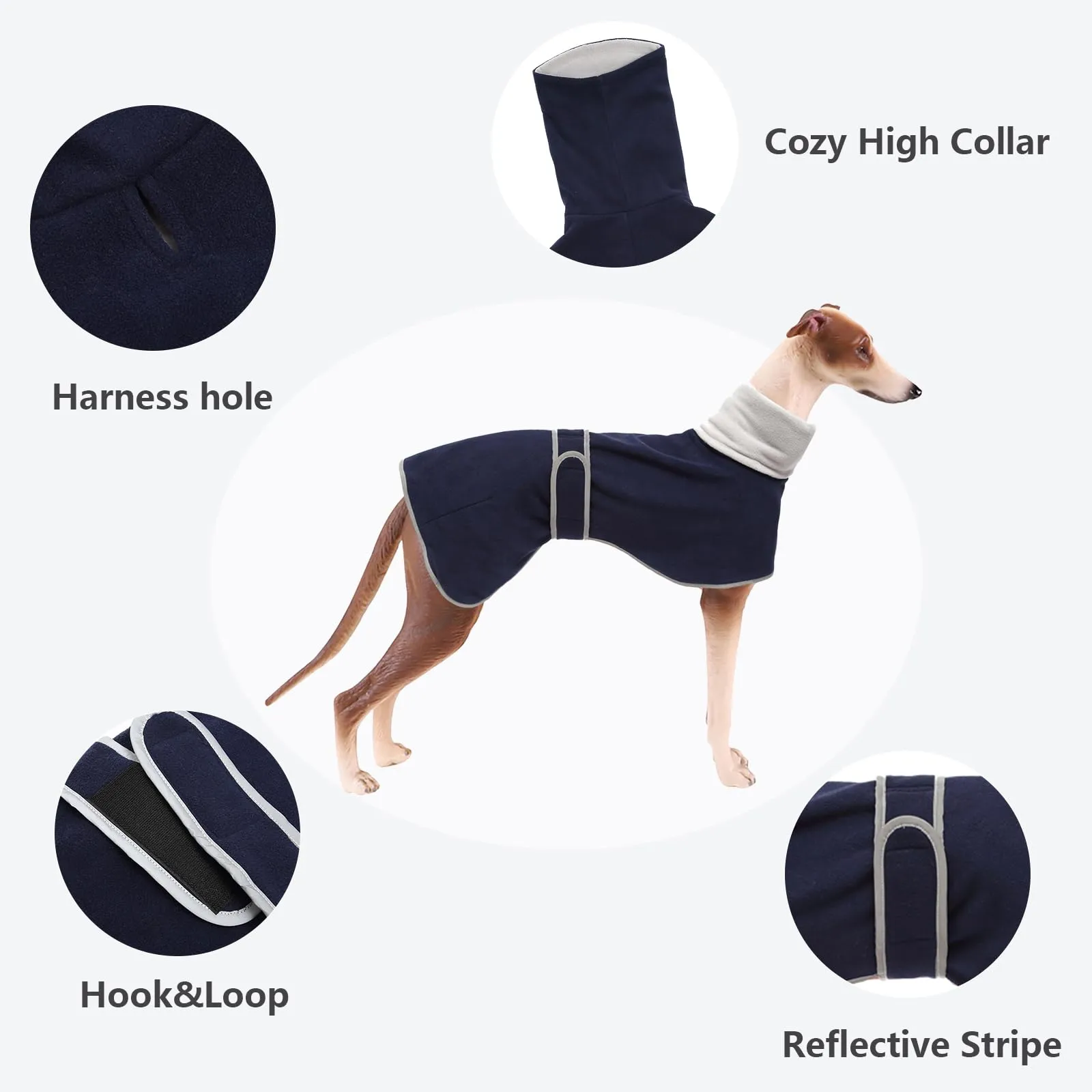 MOREZI Giacca per cani a collo alto, realizzata in lana poliestere e pile, calda e confortevole, adatta a levrieri, segugi e whippet-Blu navy-S - immagine 3