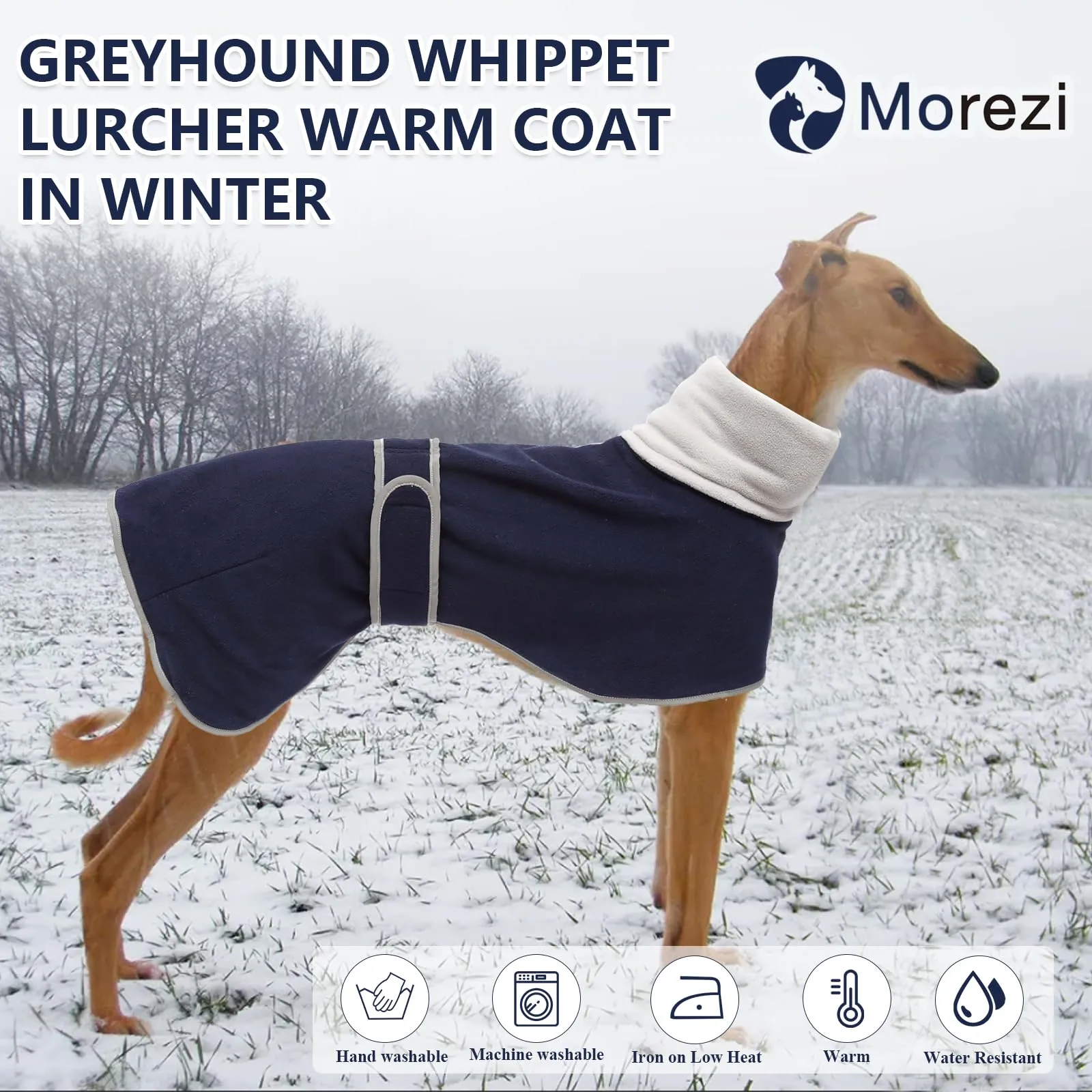 MOREZI Giacca per cani a collo alto, realizzata in lana poliestere e pile, calda e confortevole, adatta a levrieri, segugi e whippet-Blu navy-L - immagine 2