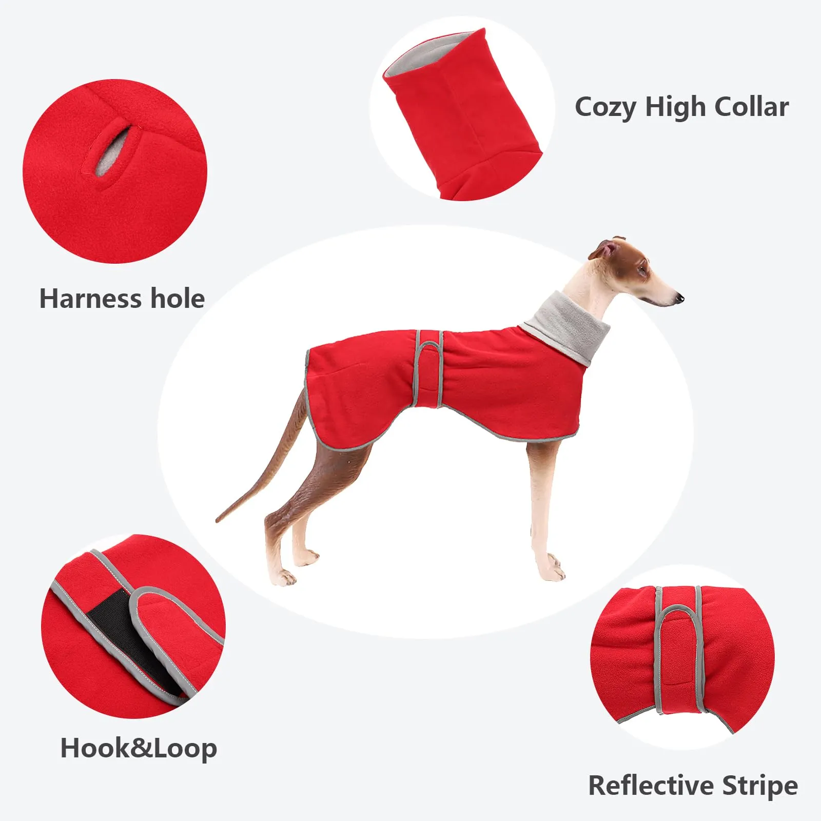 MOREZI Giacca per cani a collo alto, realizzata in lana poliestere e pile, calda e confortevole, adatta a levrieri, segugi e whippet-Rosso-3XL - immagine 3