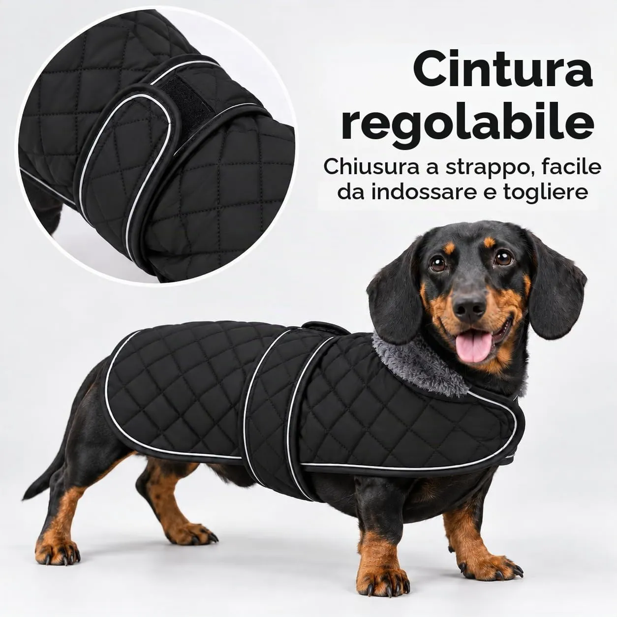 MOREZI Giacca invernale per cani con fodera imbottita in pile, cintura regolabile e finiture riflettenti, adatta per bassotti e segugi-Nero-M - immagine 3