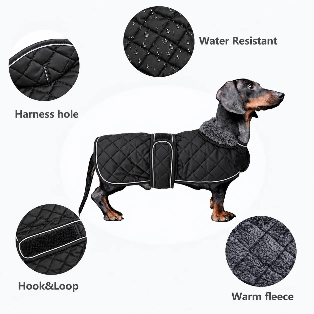 MOREZI Giacca invernale per cani con fodera imbottita in pile, cintura regolabile e finiture riflettenti, adatta per bassotti e segugi-Nero-L - immagine 2