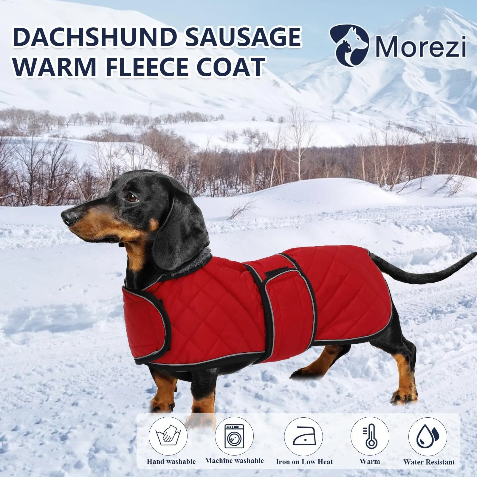 MOREZI Giacca invernale per cani con fodera imbottita in pile, cintura regolabile e finiture riflettenti, adatta per bassotti e segugi-Rosso-M - immagine 6