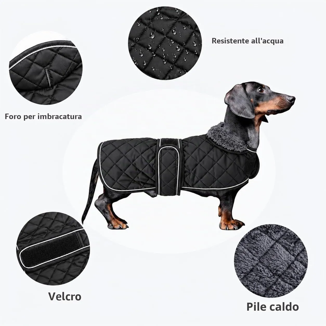 MOREZI Giacca invernale per cani con fodera imbottita in pile, cintura regolabile e finiture riflettenti, adatta per bassotti e segugi-Nero-S - immagine 2