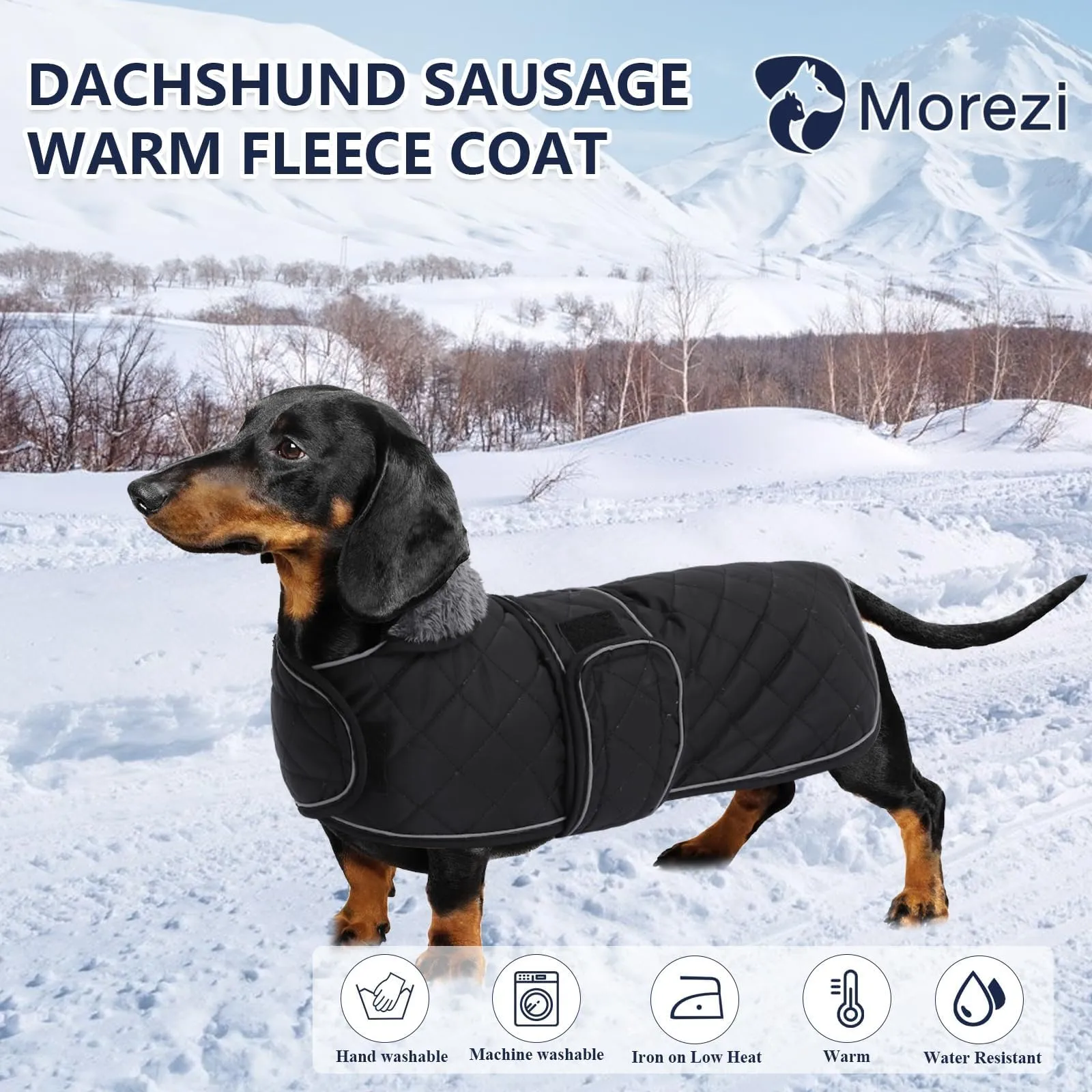 MOREZI Giacca invernale per cani con fodera imbottita in pile, cintura regolabile e finiture riflettenti, adatta per bassotti e segugi-Nero-S - immagine 6