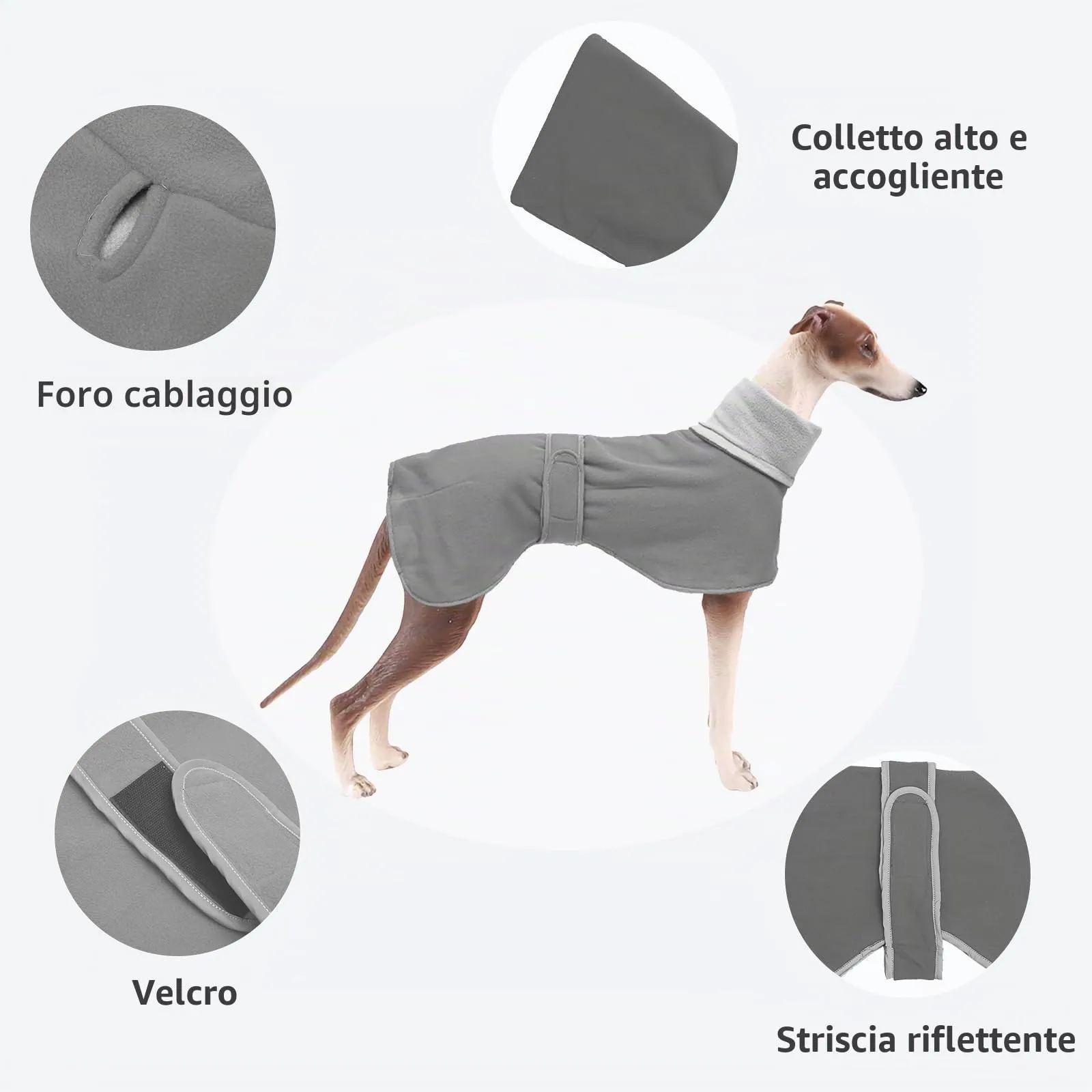 MOREZI Giacca per cani a collo alto, realizzata in lana poliestere e pile, calda e confortevole, adatta a levrieri, segugi e whippet-Grigio-M - immagine 3