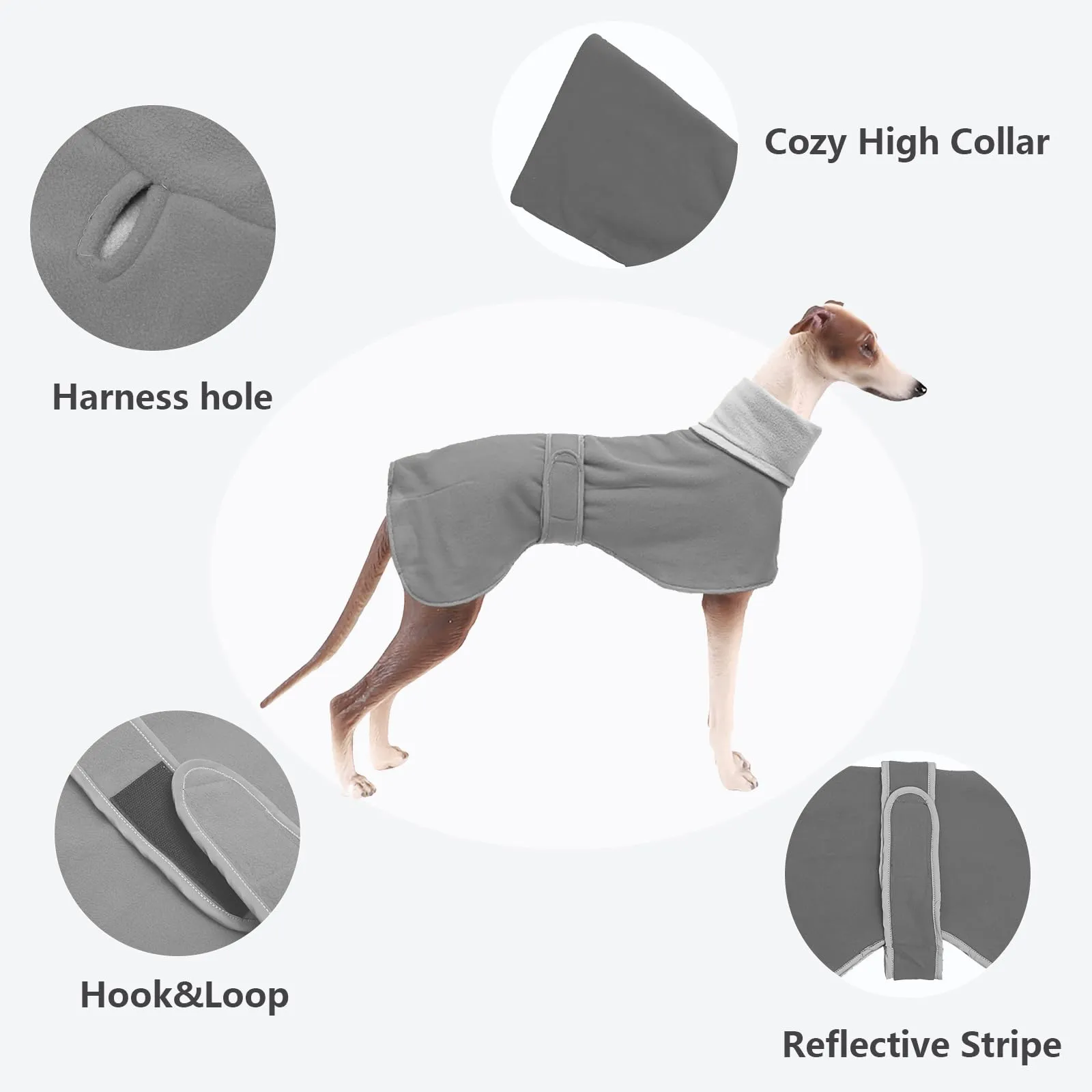 MOREZI Giacca per cani a collo alto, realizzata in lana poliestere e pile, calda e confortevole, adatta a levrieri, segugi e whippet-Grigio-S - immagine 3