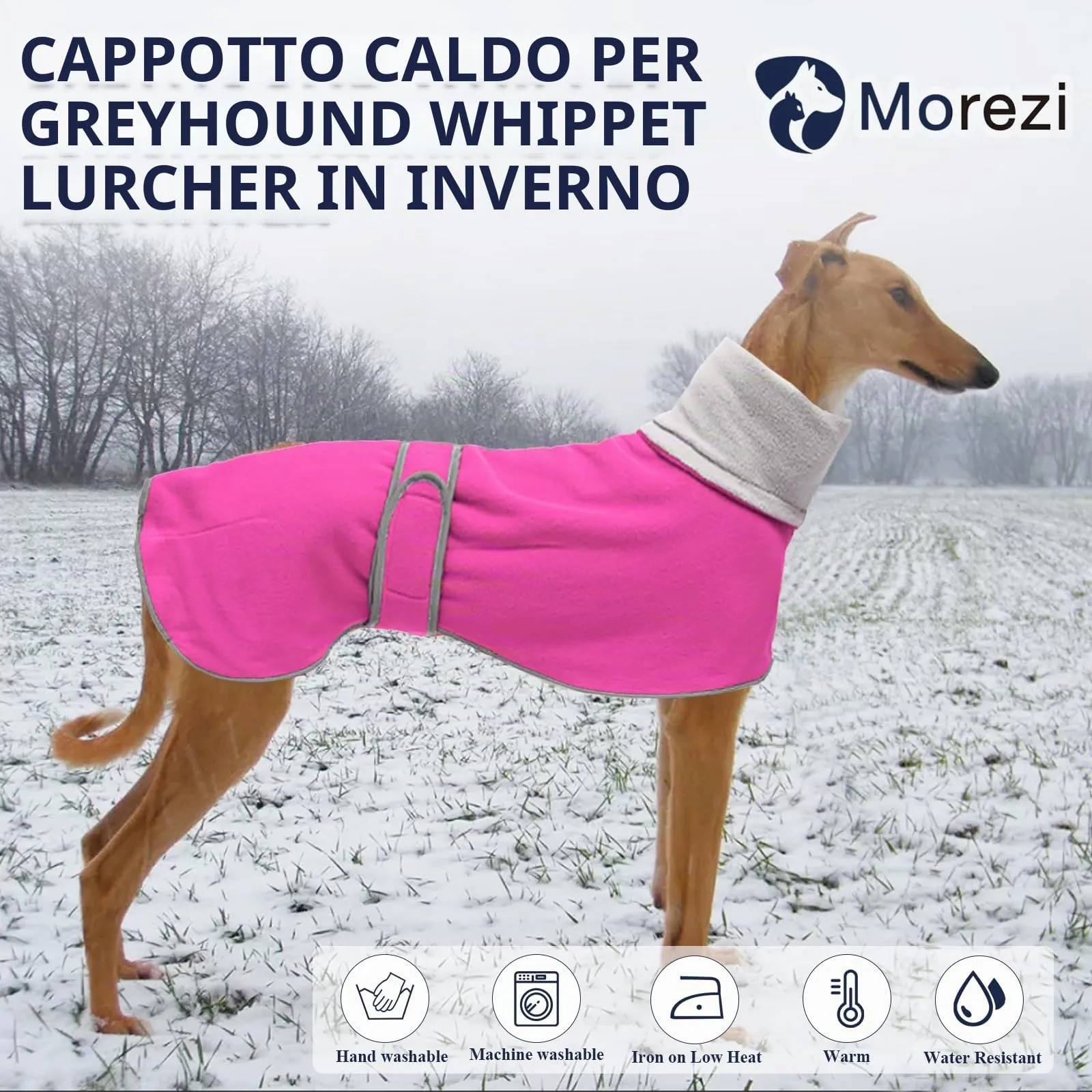MOREZI Giacca per cani a collo alto, realizzata in lana poliestere e pile, calda e confortevole, adatta a levrieri, segugi e whippet-Rosa-M - immagine 2