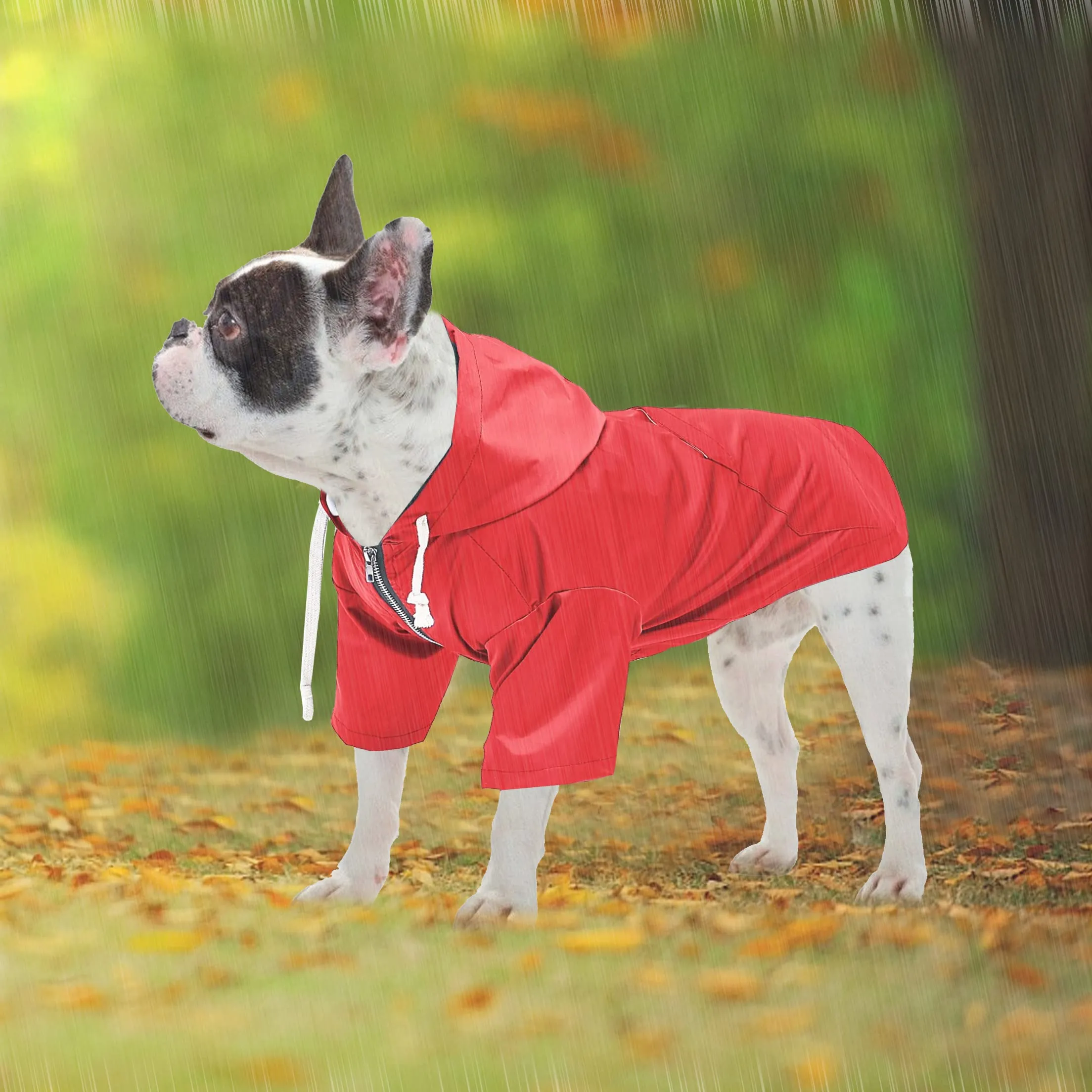 Pethiy - Stile elegante Impermeabile per Cani con cerniera e cappuccio,tasche,leggero poncho con Coulisse e con zampe-Rosso-M - immagine 5