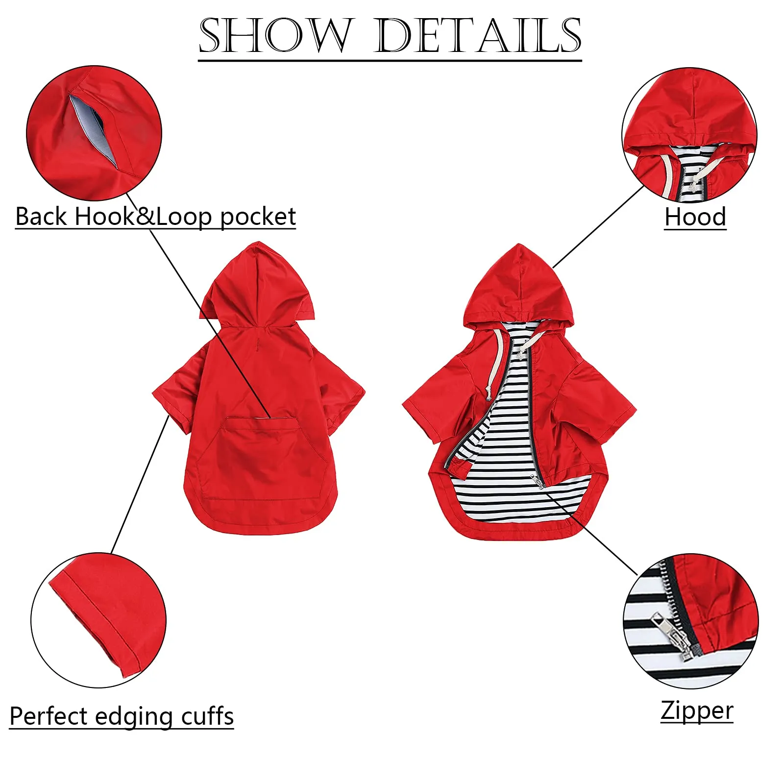 Pethiy - Stile elegante Impermeabile per Cani con cerniera e cappuccio,tasche,leggero poncho con Coulisse e con zampe-Rosso-XL - immagine 4