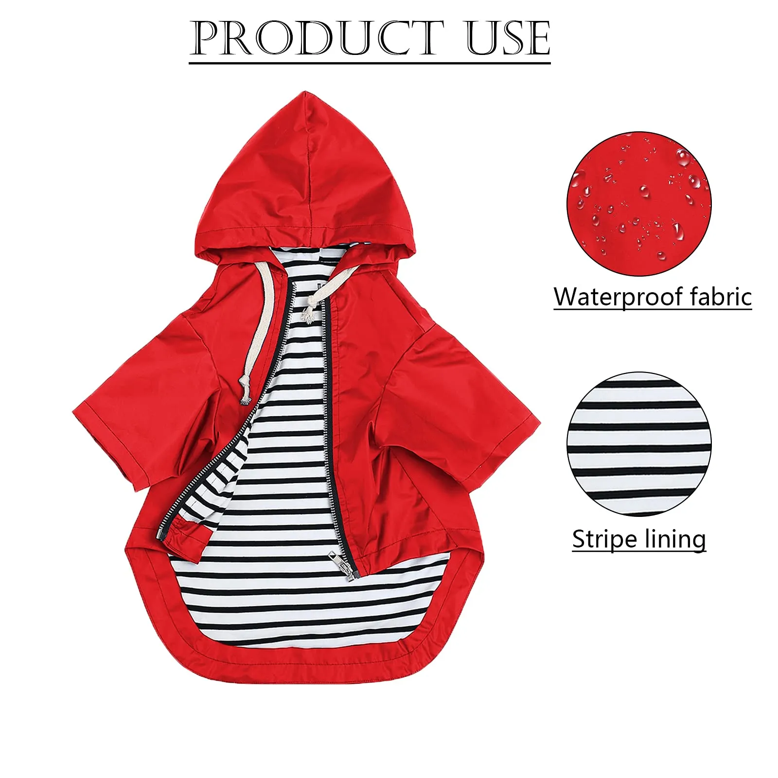 Pethiy - Stile elegante Impermeabile per Cani con cerniera e cappuccio,tasche,leggero poncho con Coulisse e con zampe-Rosso-XS - immagine 3