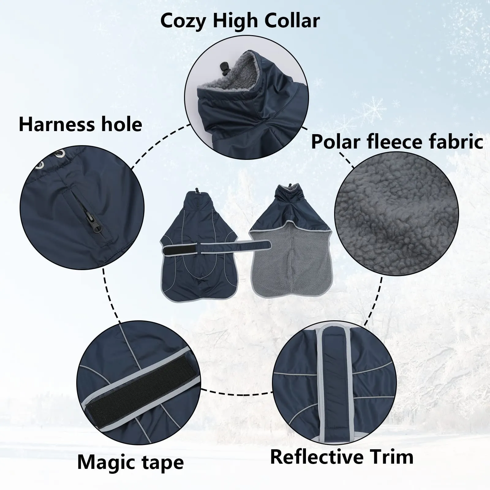 Geyecete Cappotto Invernale Impermeabile per Levrieri, Whippet e Sighthound - Pile Caldo Con Fasce Regolabili - Pullover per Cane Media Grande - Navy-M - immagine 2