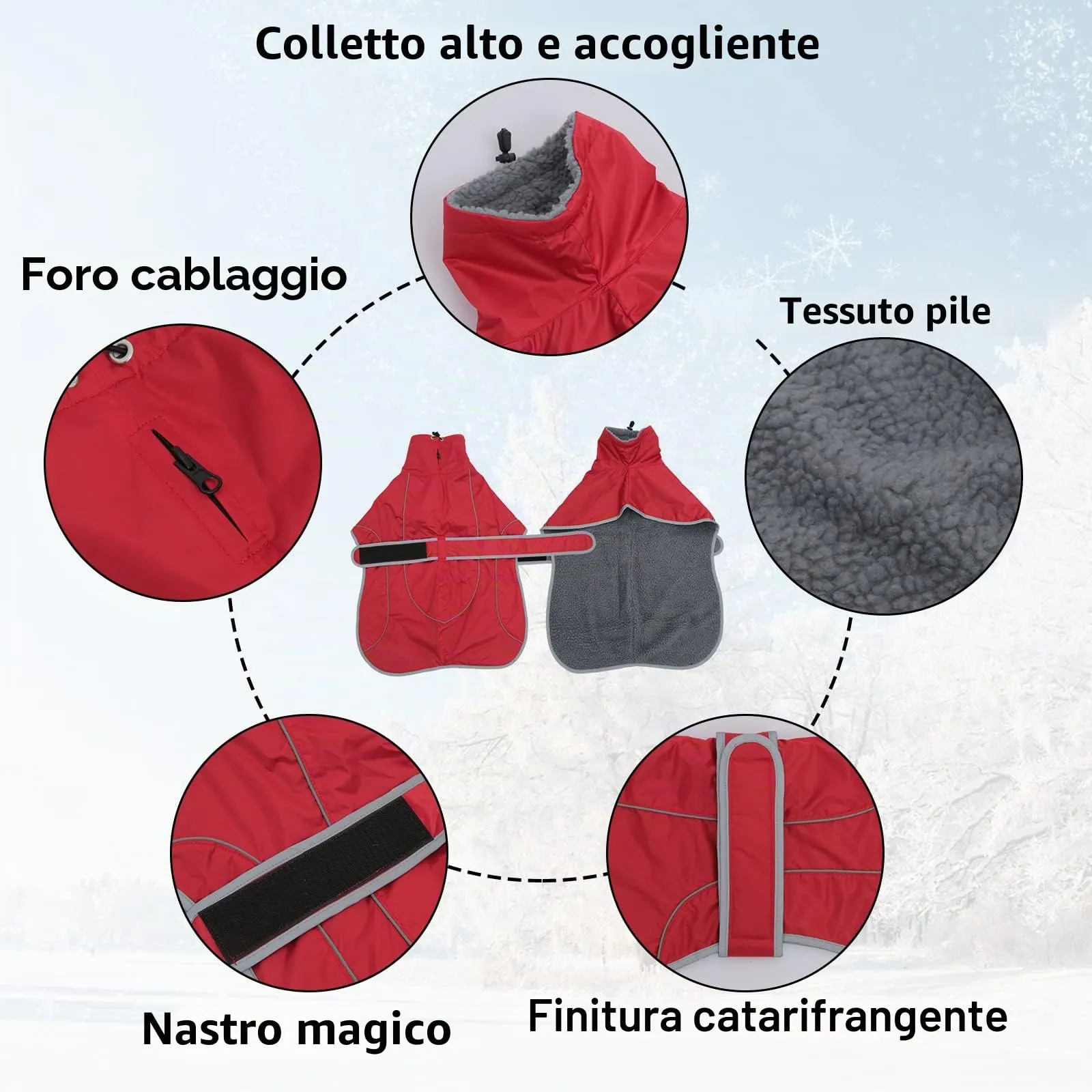 Geyecete Cappotto Invernale Cane Impermeabile per Levrieri, Pile Caldo Giubbotti per Whippet con Fasce Regolabili, Lurcher Pullover, Rosso, S - immagine 2