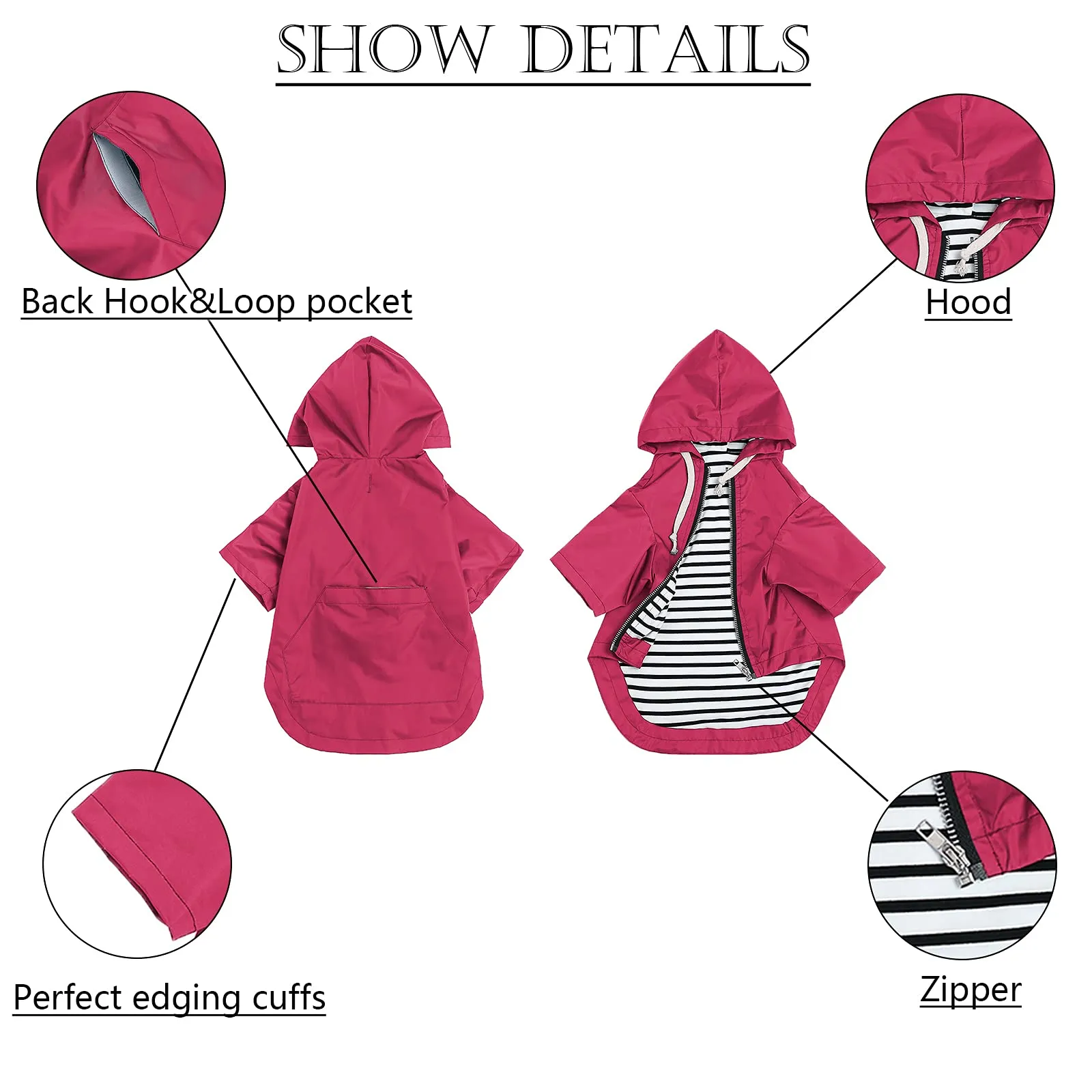 Pethiy - Stile elegante Impermeabile per Cani con cerniera e cappuccio,tasche,leggero poncho con Coulisse e con zampe-Rosa-XL - immagine 4