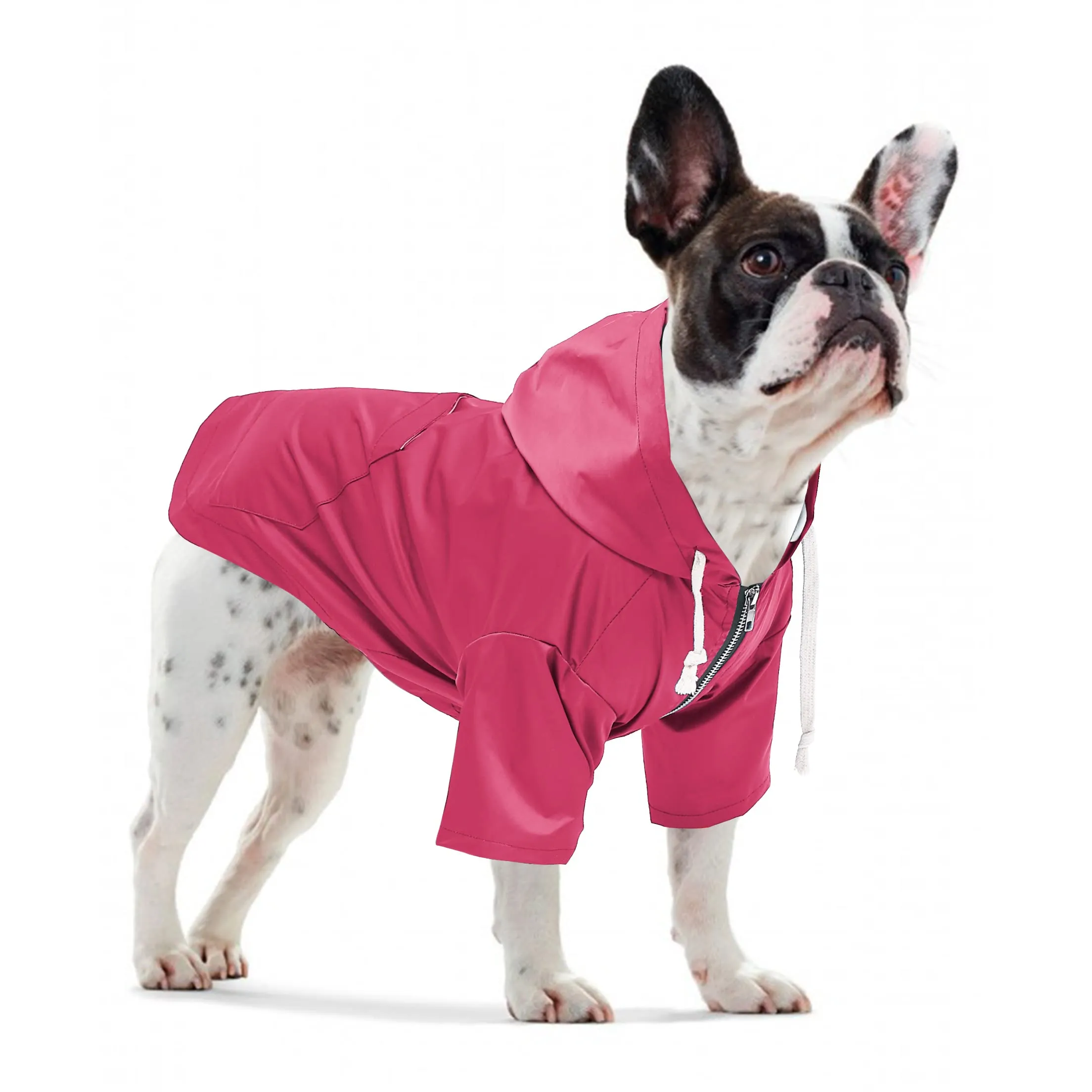 Pethiy - Stile elegante Impermeabile per Cani con cerniera e cappuccio,tasche,leggero poncho con Coulisse e con zampe-Rosa-XXL - immagine 2