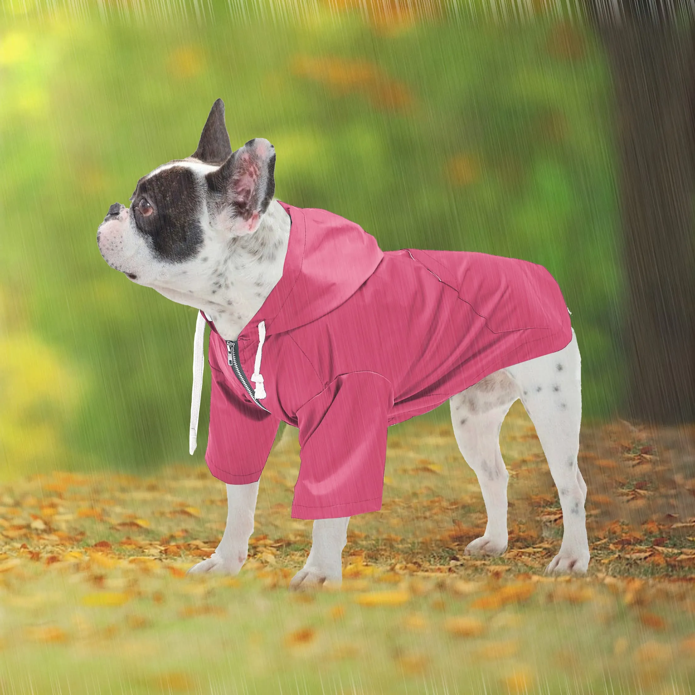 Pethiy - Stile elegante Impermeabile per Cani con cerniera e cappuccio,tasche,leggero poncho con Coulisse e con zampe-Rosa-M - immagine 5